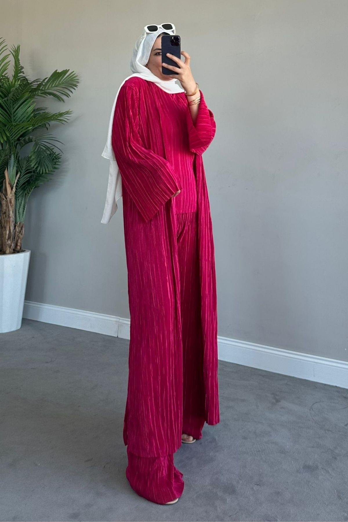 Üçlü Piliseli Takım Fuşya, Fiyatları Haza Moda | Tesettür Giyim | Üçlü Piliseli Takım Füme