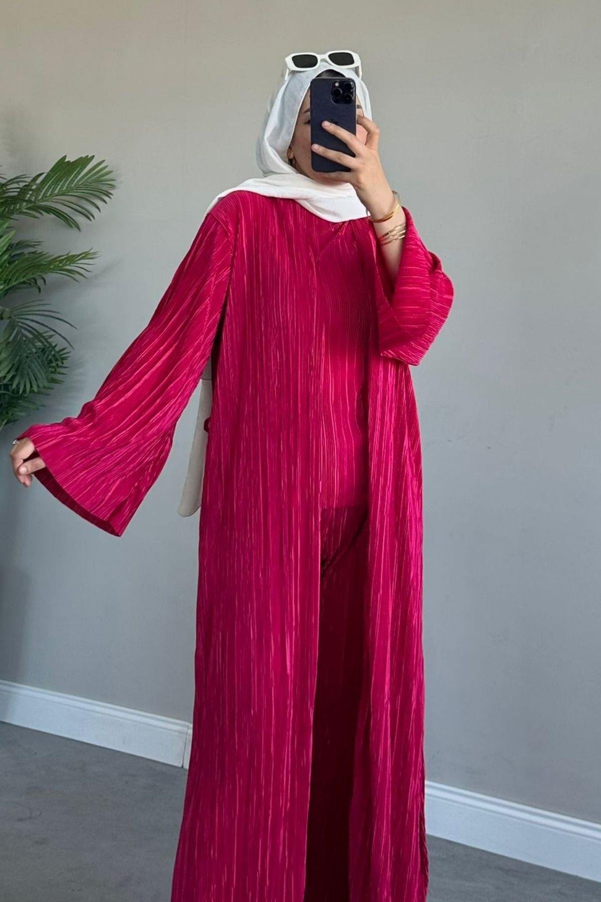 Üçlü Piliseli Takım Fuşya, Fiyatları Haza Moda | Tesettür Giyim | Üçlü Piliseli Takım Füme