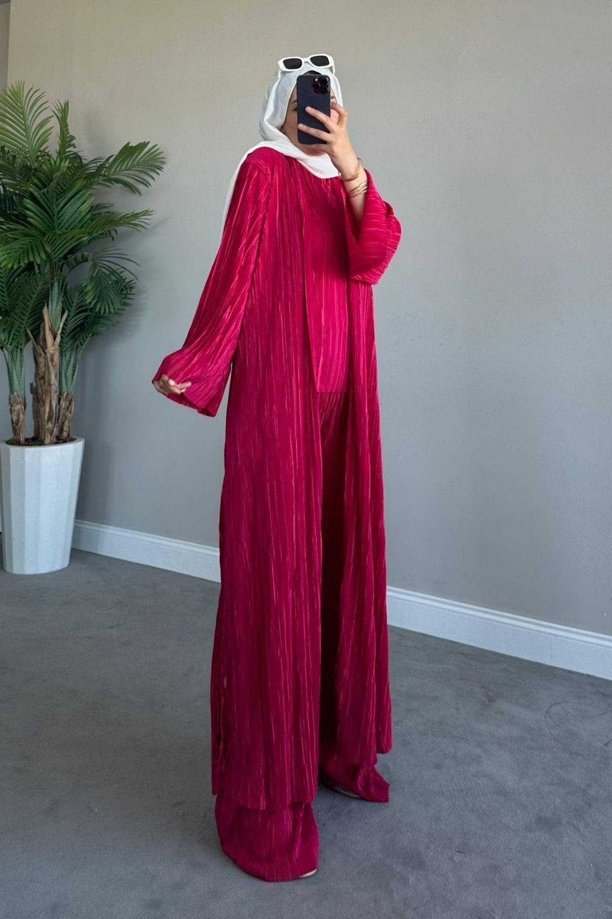 Üçlü Piliseli Takım Fuşya, Fiyatları Haza Moda | Tesettür Giyim | Üçlü Piliseli Takım Füme