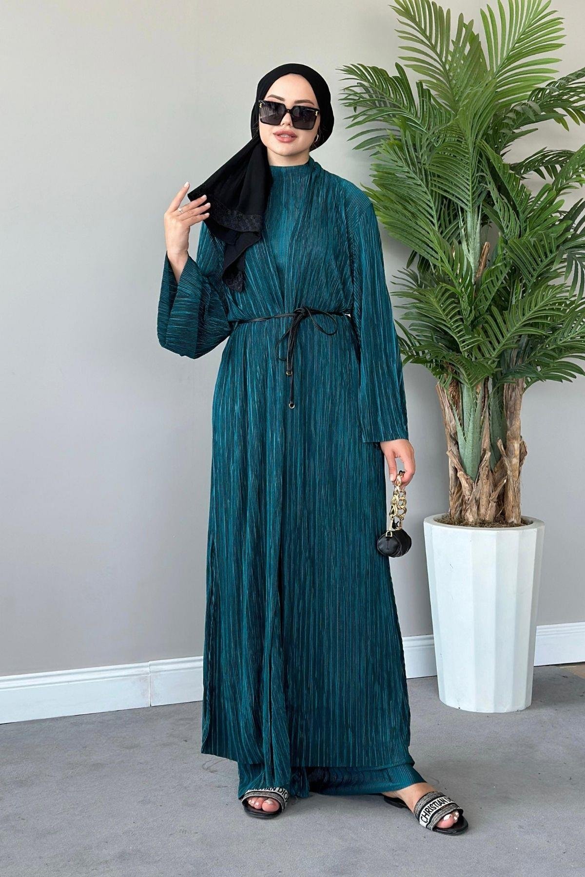 Üçlü Piliseli Takım Zümrüt, Fiyatları Haza Moda | Tesettür Giyim | Üçlü Piliseli Takım Füme