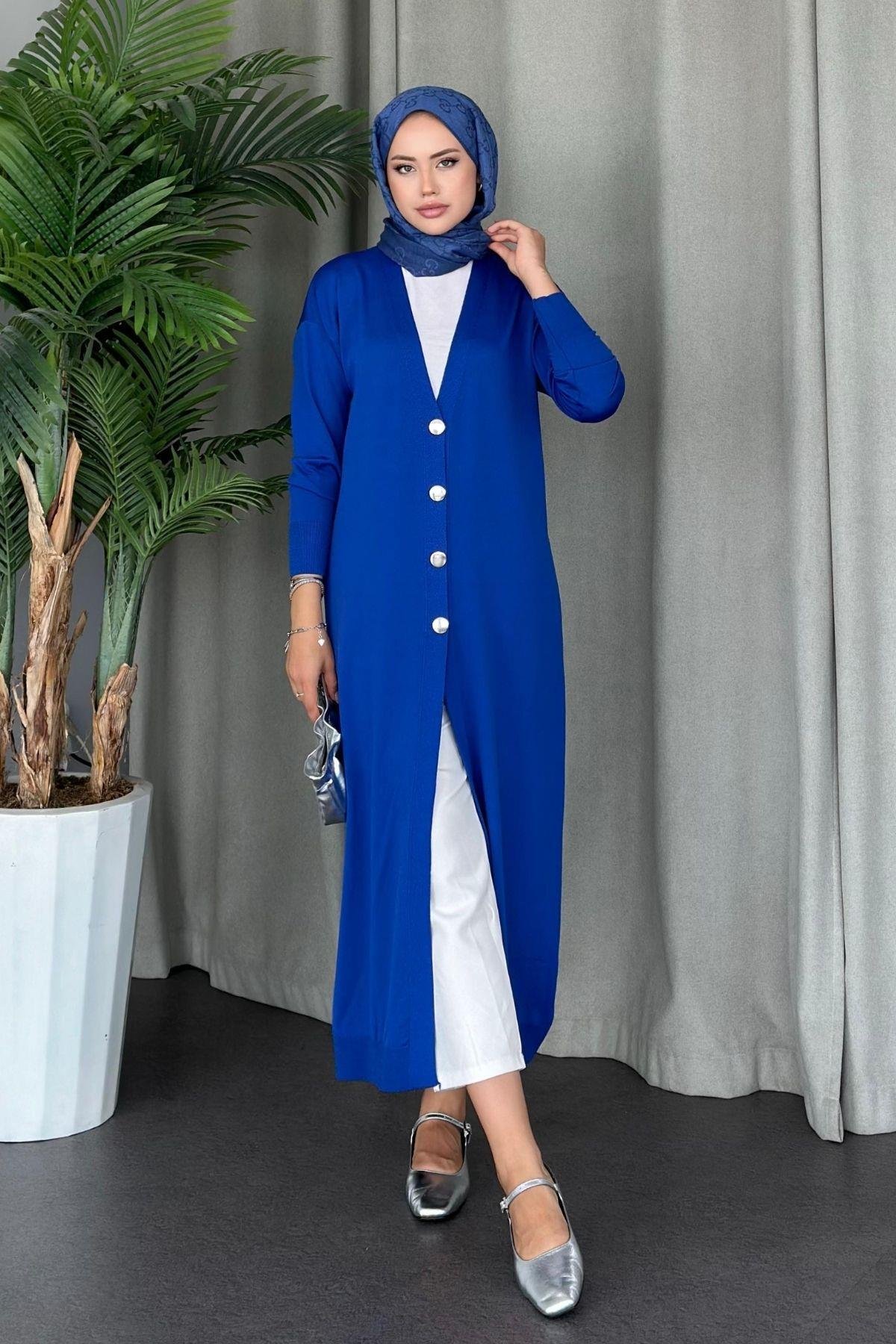 Uzun Soğuk İp Hırka Saks, Fiyatları Haza Moda | Tesettür Giyim | Uzun Soğuk İp Hırka Saks