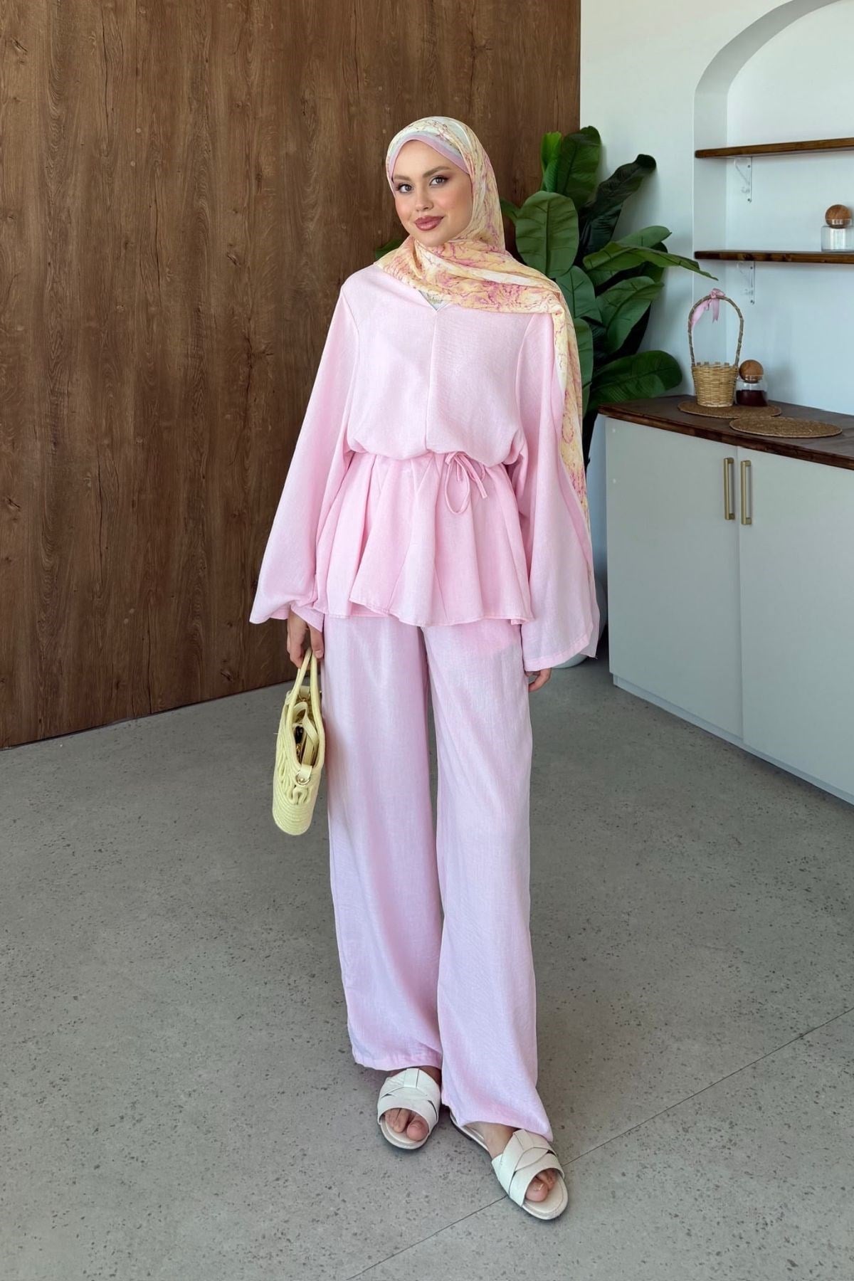 Valide V Yaka Keten Takım Pembe, Fiyatları 