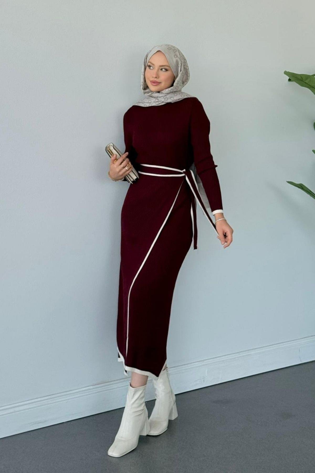 Valnet Bağlamalı Triko Elbise Bordo, Fiyatları Valnet Bağlamalı Triko Elbise Bordo- Haza Moda