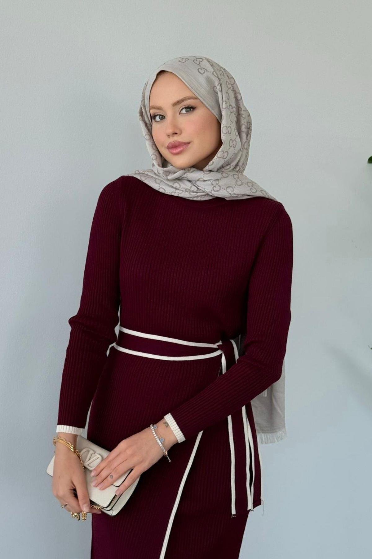 Valnet Bağlamalı Triko Elbise Bordo, Fiyatları Valnet Bağlamalı Triko Elbise Bordo- Haza Moda
