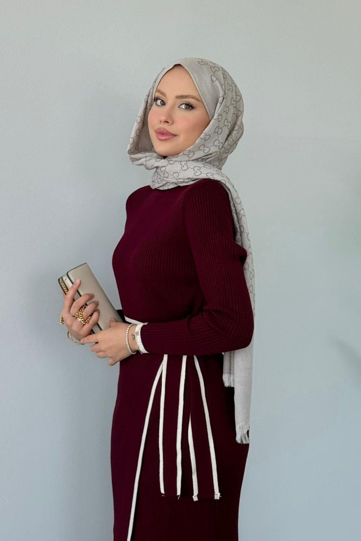 Valnet Bağlamalı Triko Elbise Bordo, Fiyatları Valnet Bağlamalı Triko Elbise Bordo- Haza Moda