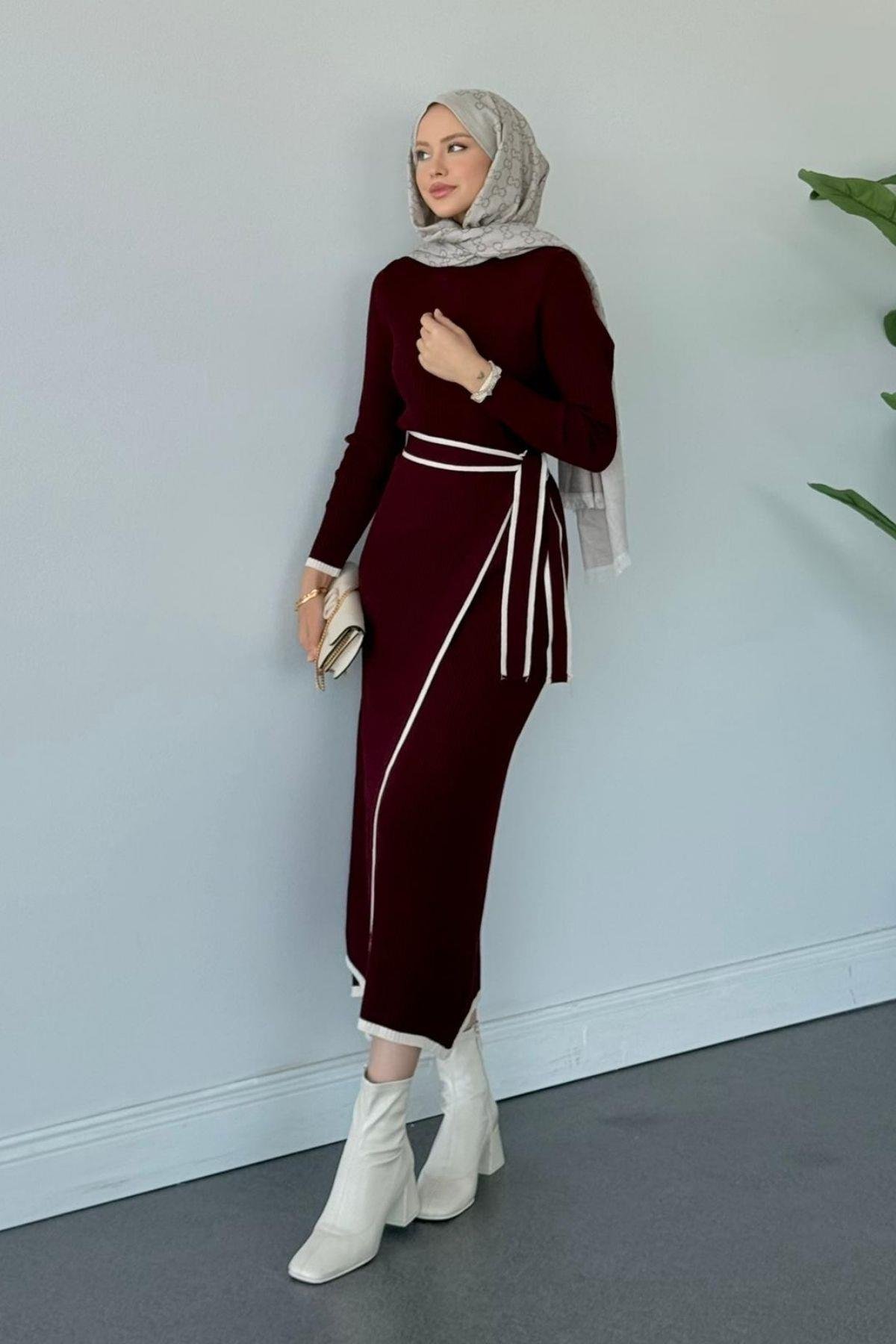 Valnet Bağlamalı Triko Elbise Bordo, Fiyatları Valnet Bağlamalı Triko Elbise Bordo- Haza Moda