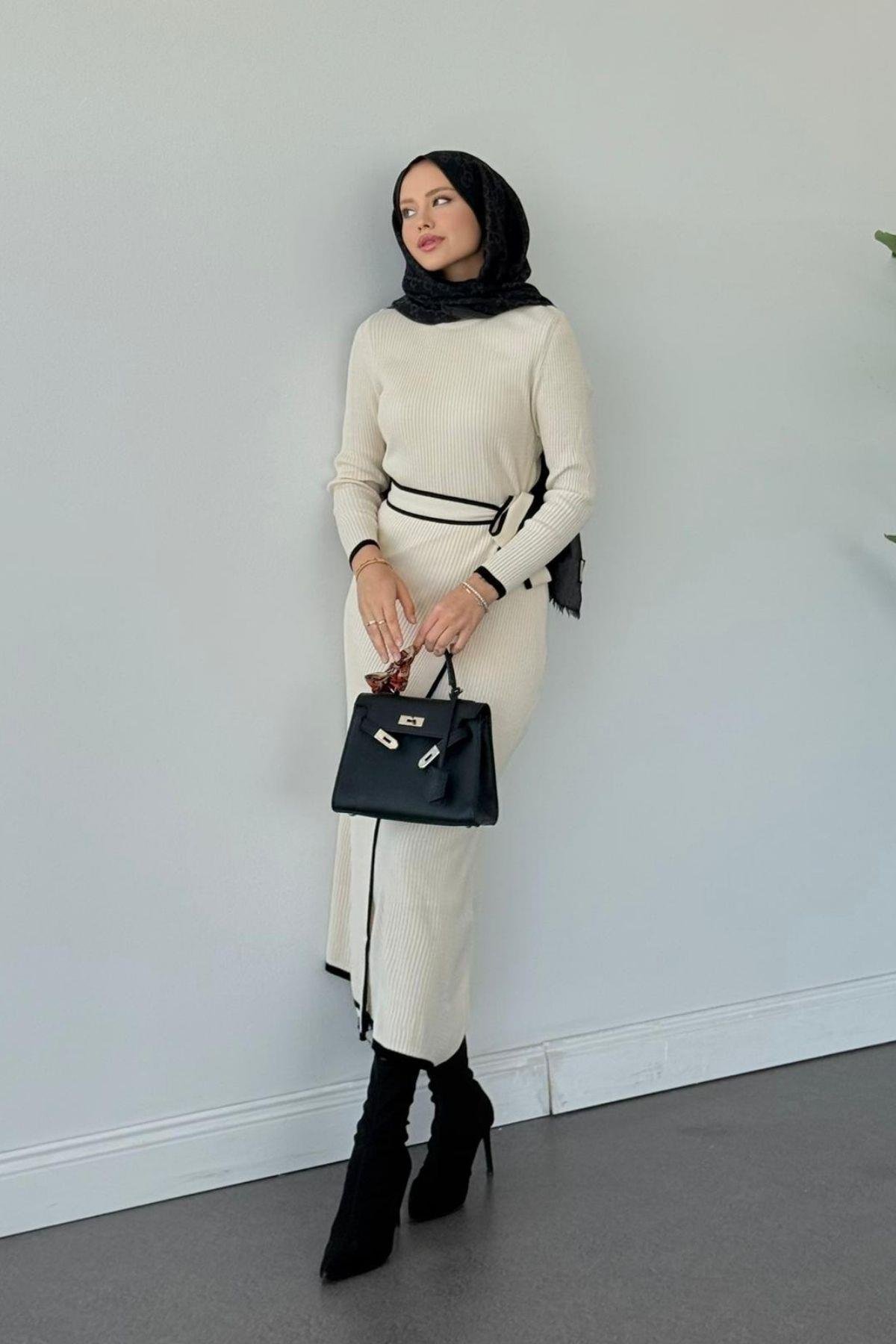 Valnet Bağlamalı Triko Elbise Ekru, Fiyatları Valnet Bağlamalı Triko Elbise Ekru- Haza Moda