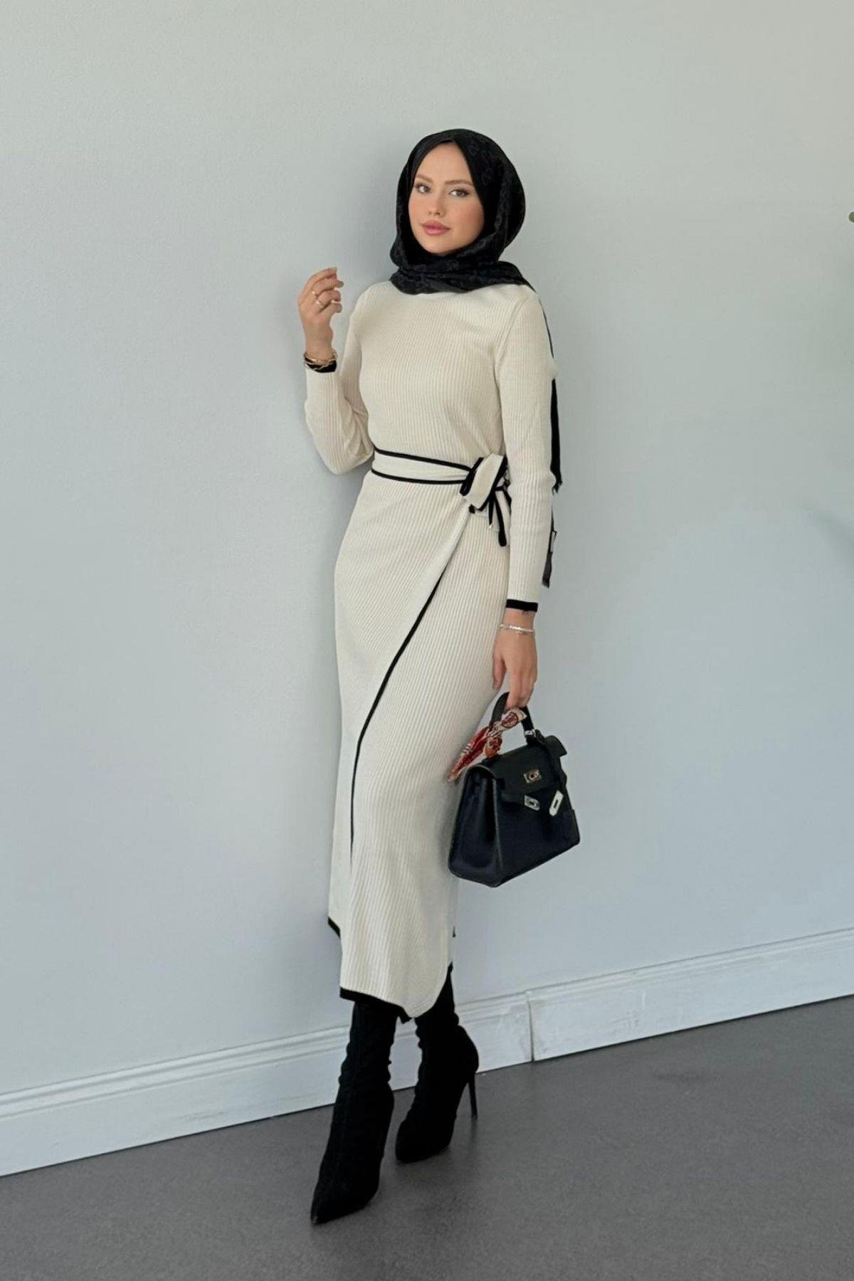 Valnet Bağlamalı Triko Elbise Ekru, Fiyatları Valnet Bağlamalı Triko Elbise Ekru- Haza Moda