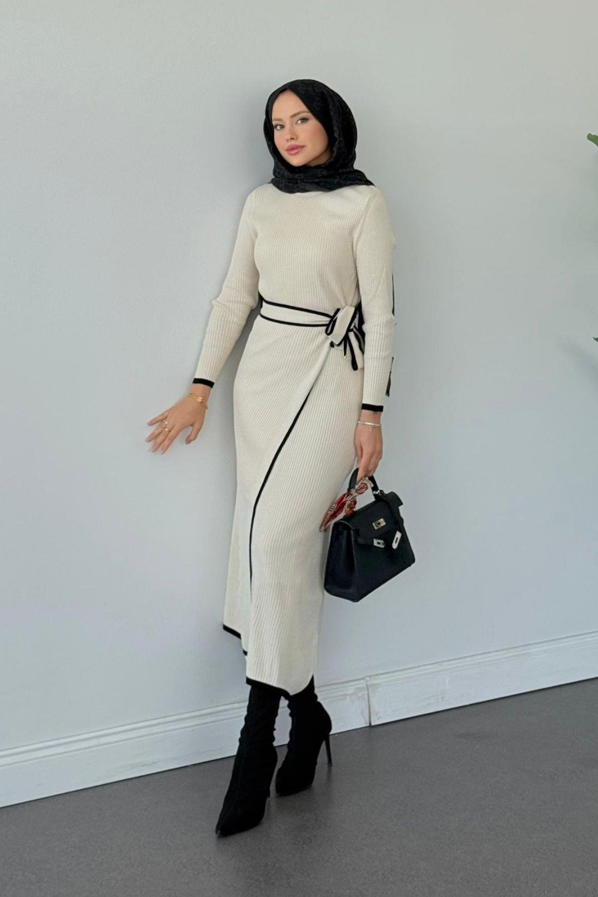 Valnet Bağlamalı Triko Elbise Ekru, Fiyatları Valnet Bağlamalı Triko Elbise Ekru- Haza Moda