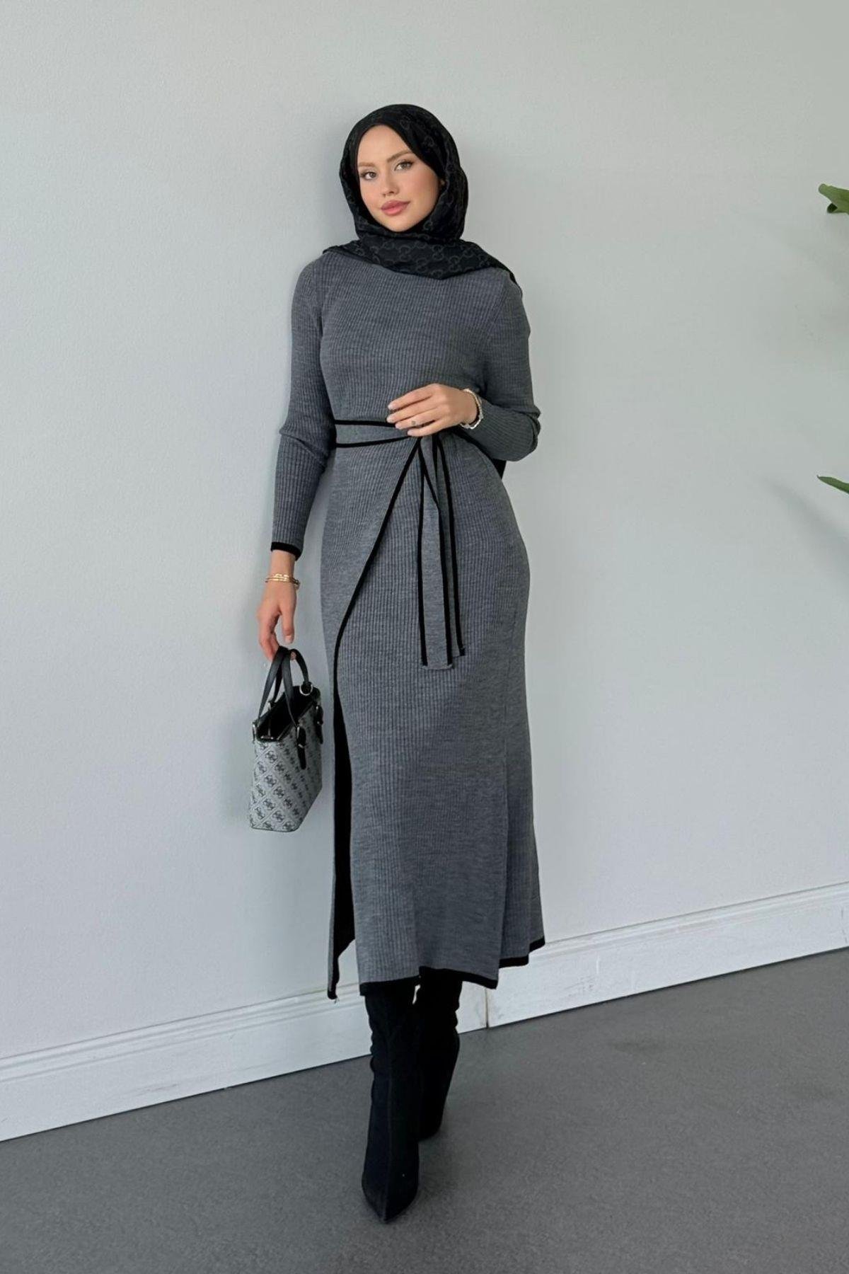 Valnet Bağlamalı Triko Elbise Füme, Fiyatları Valnet Bağlamalı Triko Elbise Füme- Haza Moda