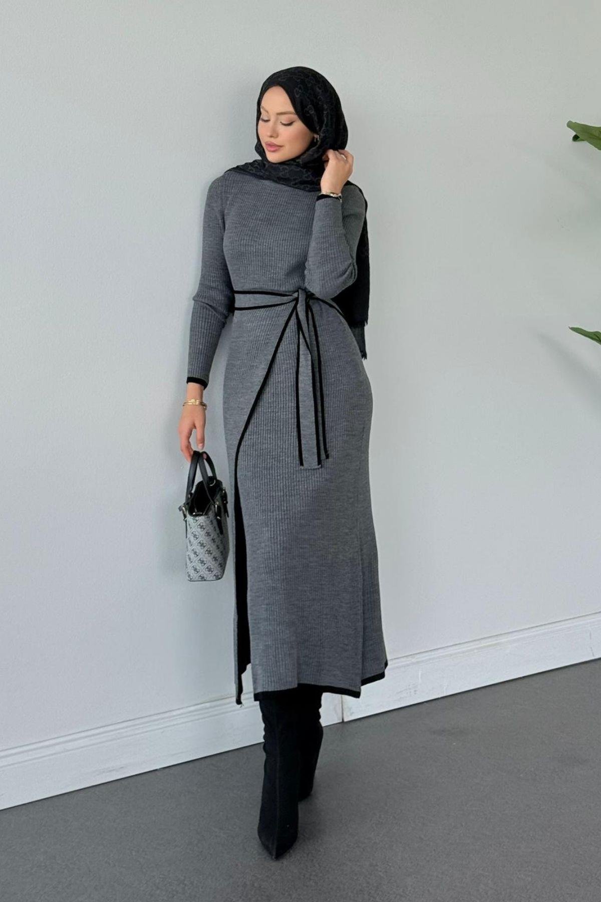 Valnet Bağlamalı Triko Elbise Füme, Fiyatları Valnet Bağlamalı Triko Elbise Füme- Haza Moda