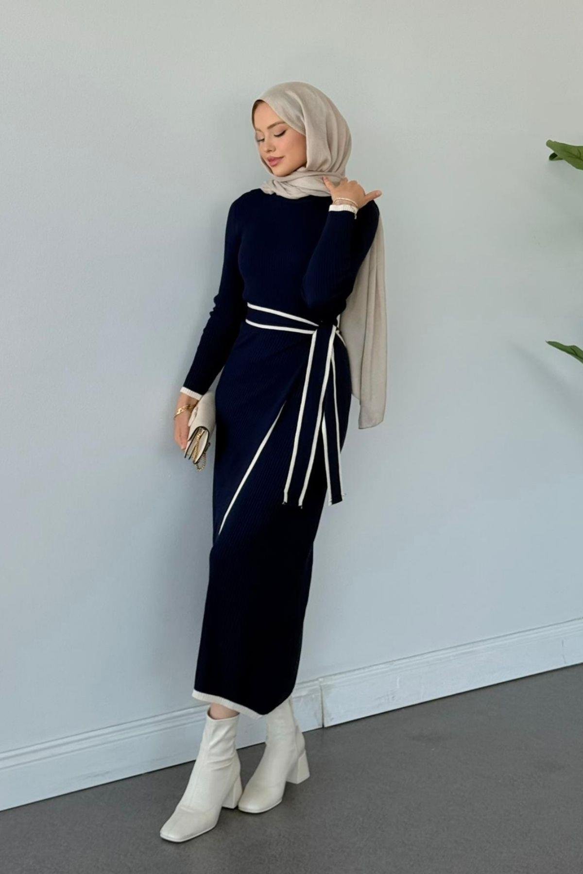 Valnet Bağlamalı Triko Elbise Lacivert, Fiyatları Valnet Bağlamalı Triko Elbise Lacivert- Haza Moda