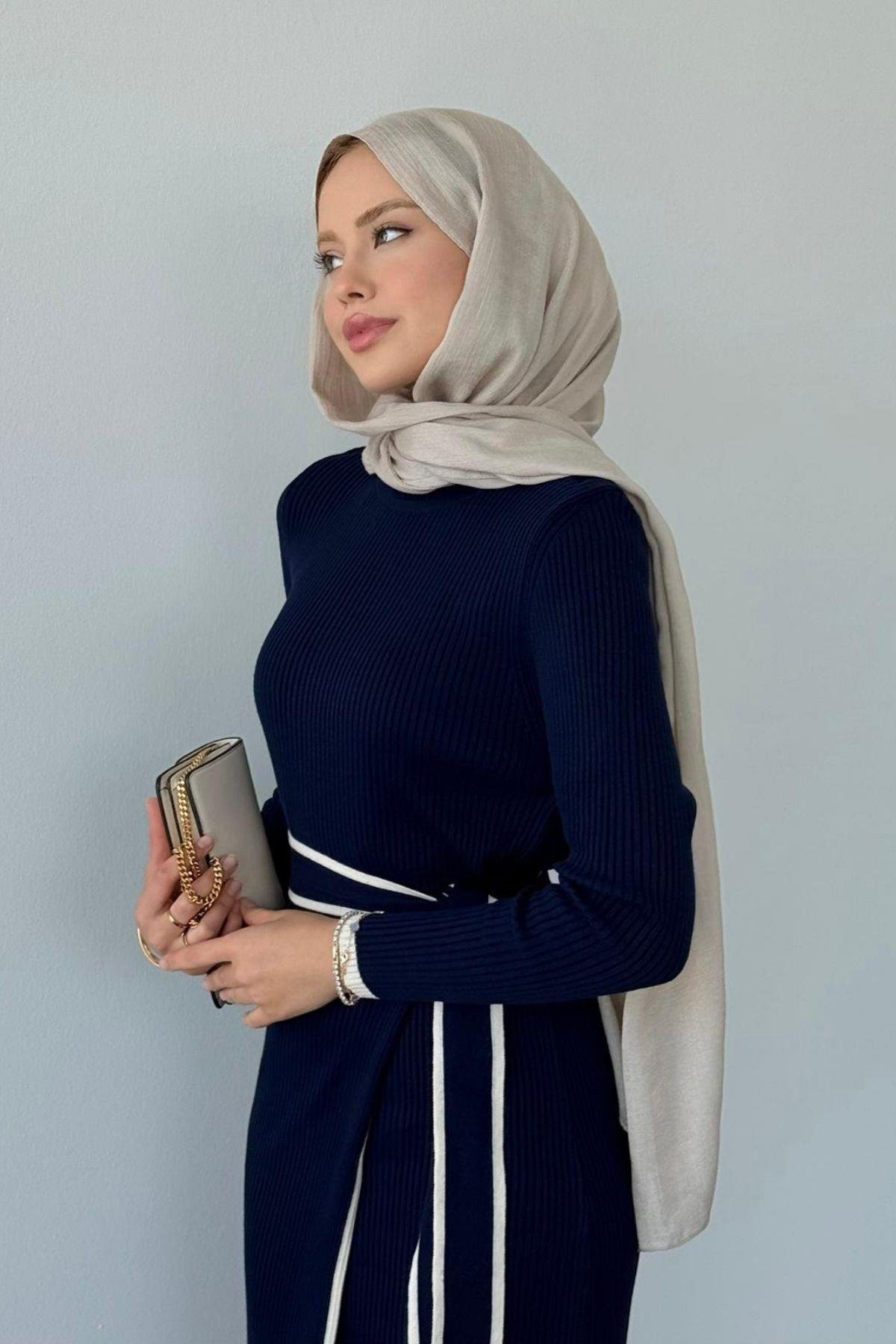 Valnet Bağlamalı Triko Elbise Lacivert, Fiyatları Valnet Bağlamalı Triko Elbise Lacivert- Haza Moda