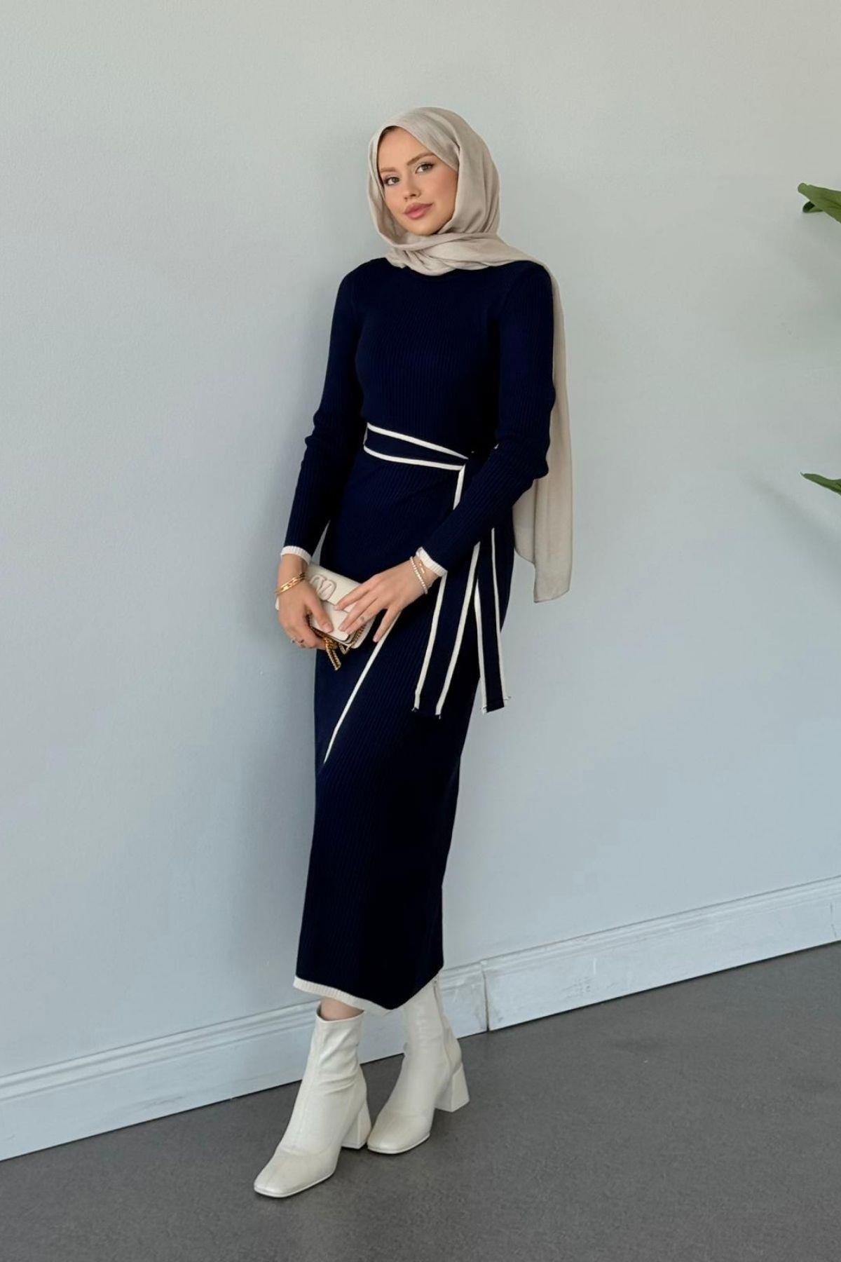 Valnet Bağlamalı Triko Elbise Lacivert, Fiyatları Valnet Bağlamalı Triko Elbise Lacivert- Haza Moda