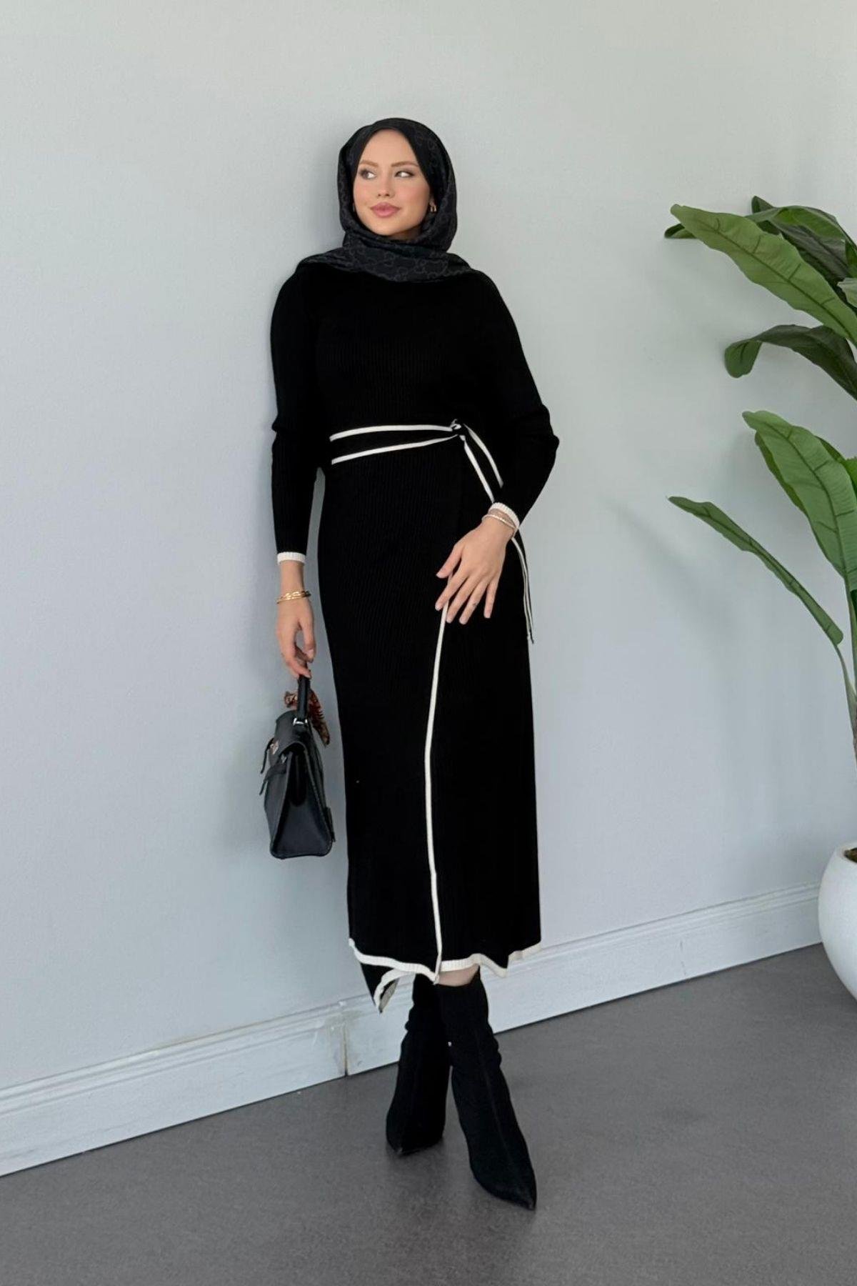 Valnet Bağlamalı Triko Elbise Siyah, Fiyatları Valnet Bağlamalı Triko Elbise Siyah- Haza Moda