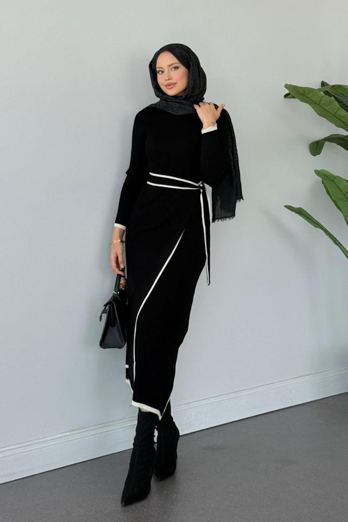 Valnet Bağlamalı Triko Elbise Siyah, Fiyatları Valnet Bağlamalı Triko Elbise Siyah- Haza Moda