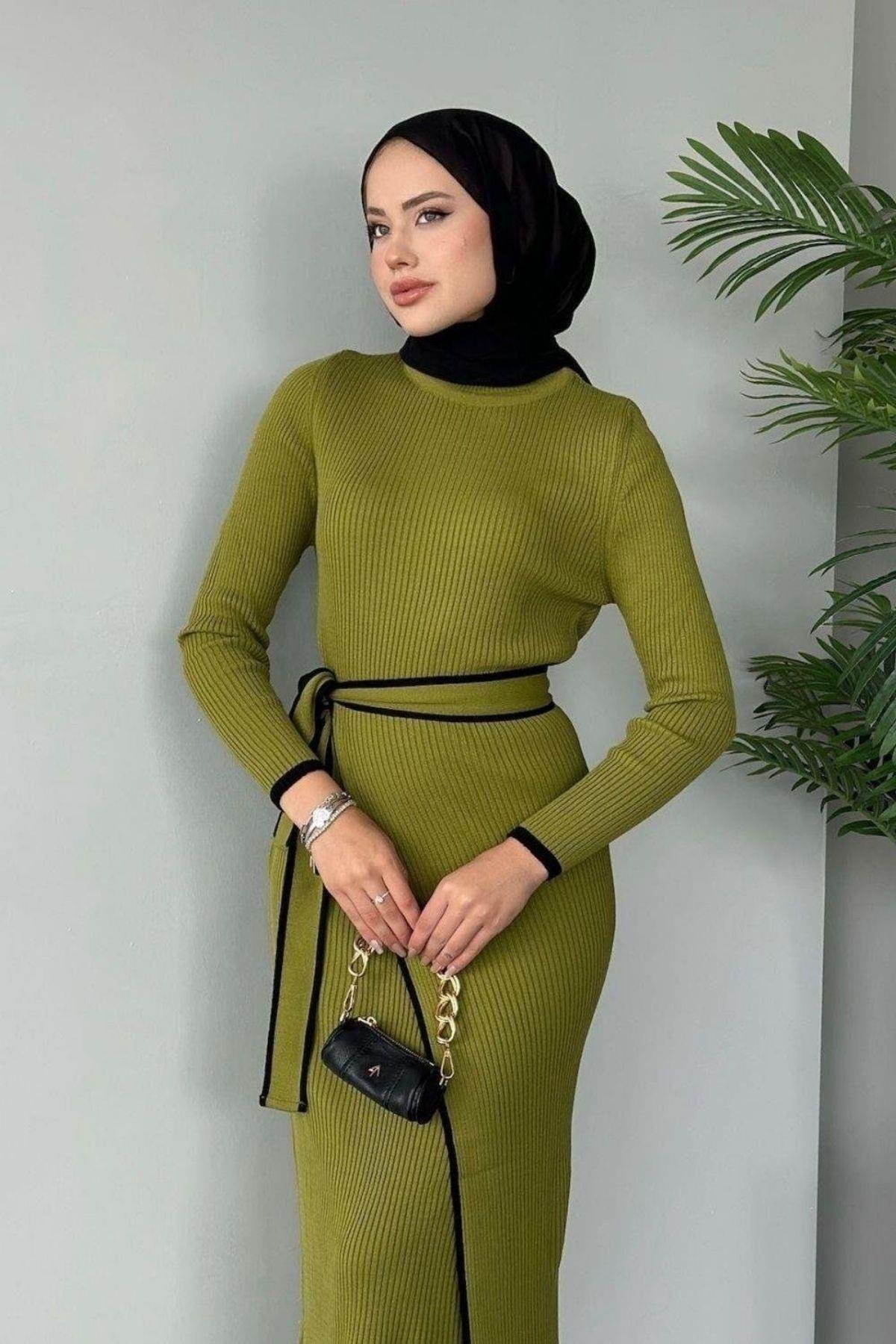 Valnet Bağlamalı Triko Elbise Yağ Yeşili, Fiyatları Valnet Bağlamalı Triko Elbise Yağ Yeşili- Haza Moda