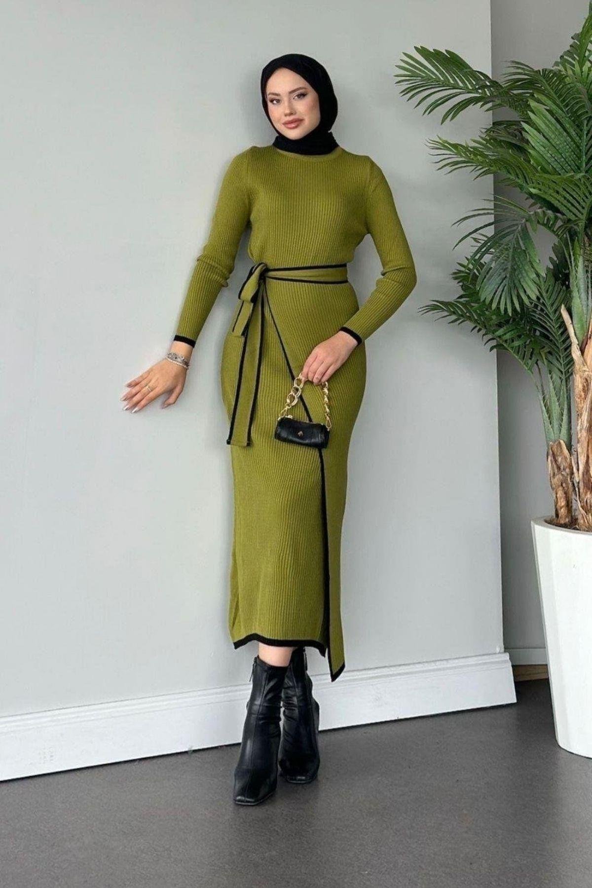 Valnet Bağlamalı Triko Elbise Yağ Yeşili, Fiyatları Valnet Bağlamalı Triko Elbise Yağ Yeşili- Haza Moda