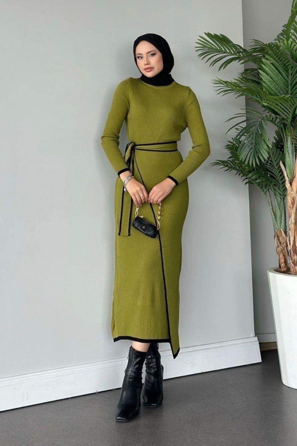 Valnet Bağlamalı Triko Elbise Yağ Yeşili, Fiyatları Valnet Bağlamalı Triko Elbise Yağ Yeşili- Haza Moda