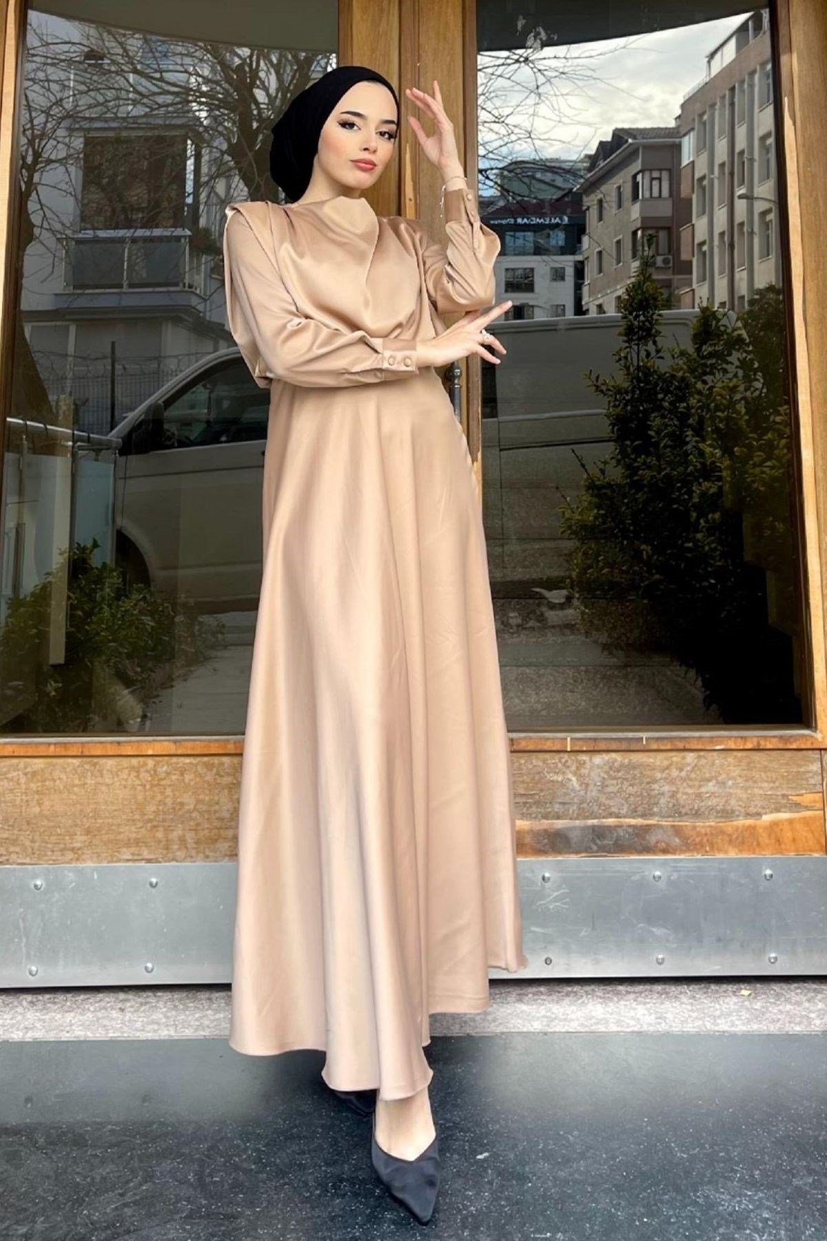 Vatkalı Saten Abiye CAMEL, Fiyatları Vatkalı Saten Abiye CAMEL– Haza Moda | Tesettür Giyim