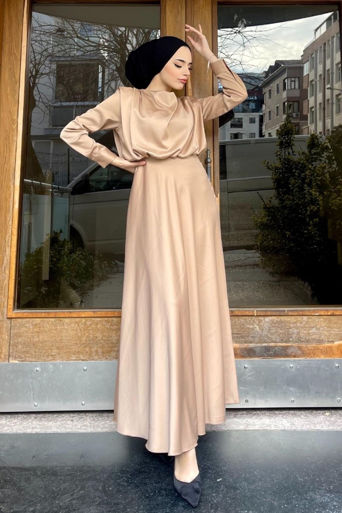 Vatkalı Saten Abiye CAMEL, Fiyatları Vatkalı Saten Abiye CAMEL– Haza Moda | Tesettür Giyim
