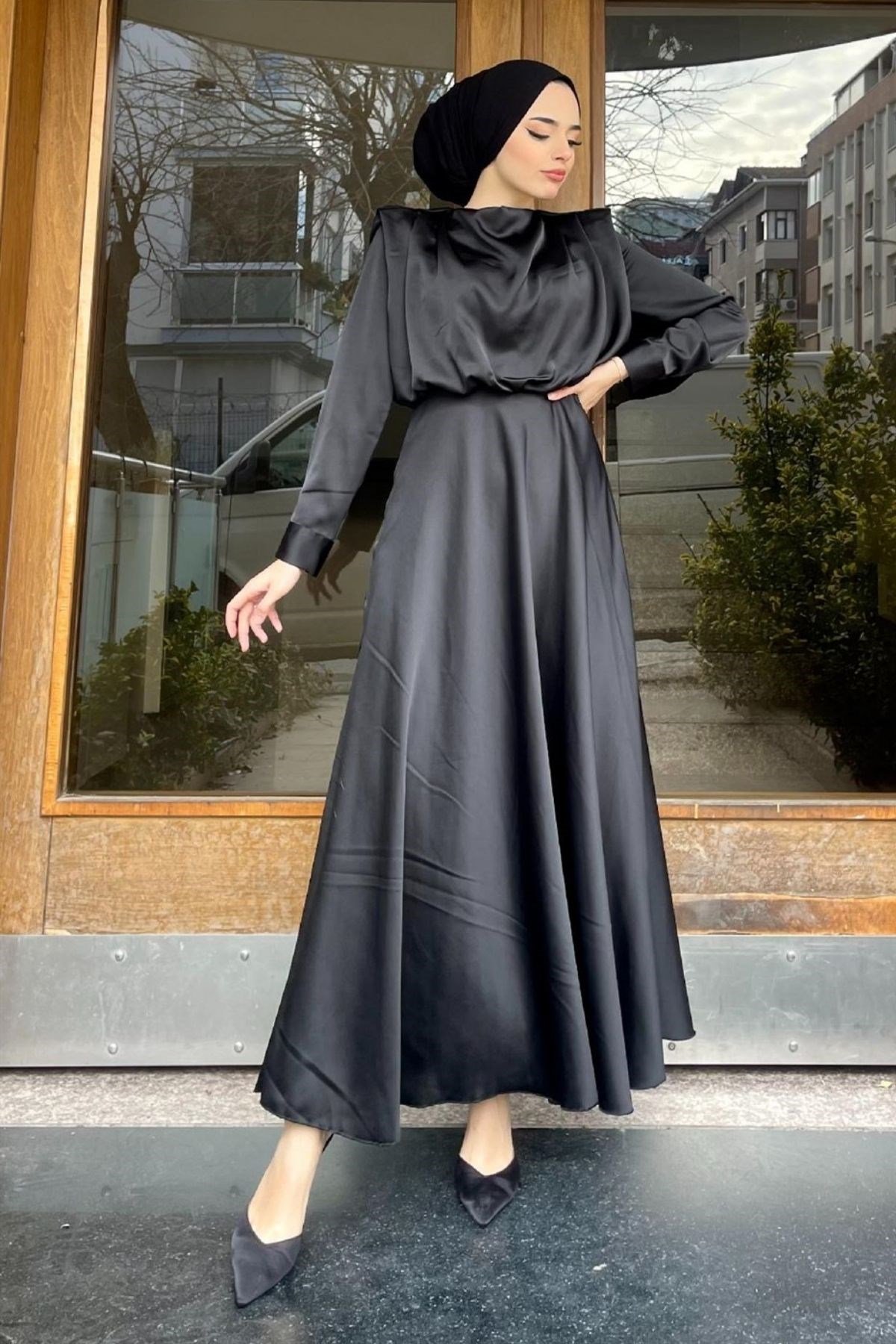 Vatkalı Saten Abiye SİYAH, Fiyatları Vatkalı Saten Abiye SİYAH – Haza Moda | Tesettür Giyim