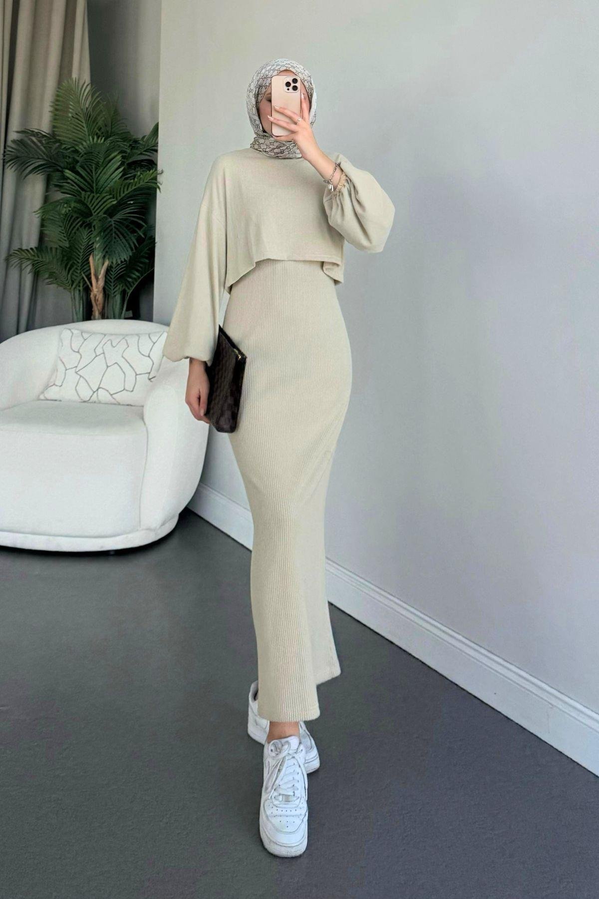 Velvet Triko Elbise Bej, Fiyatları 