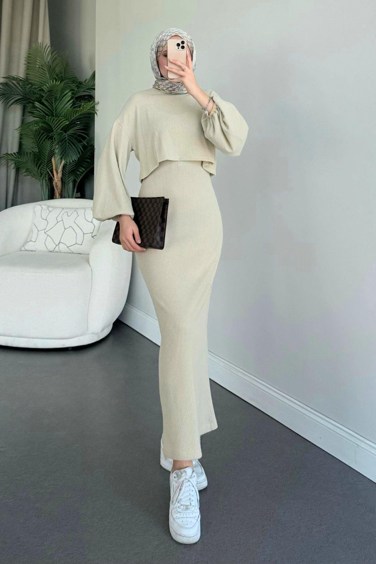 Velvet Triko Elbise Bej, Fiyatları 