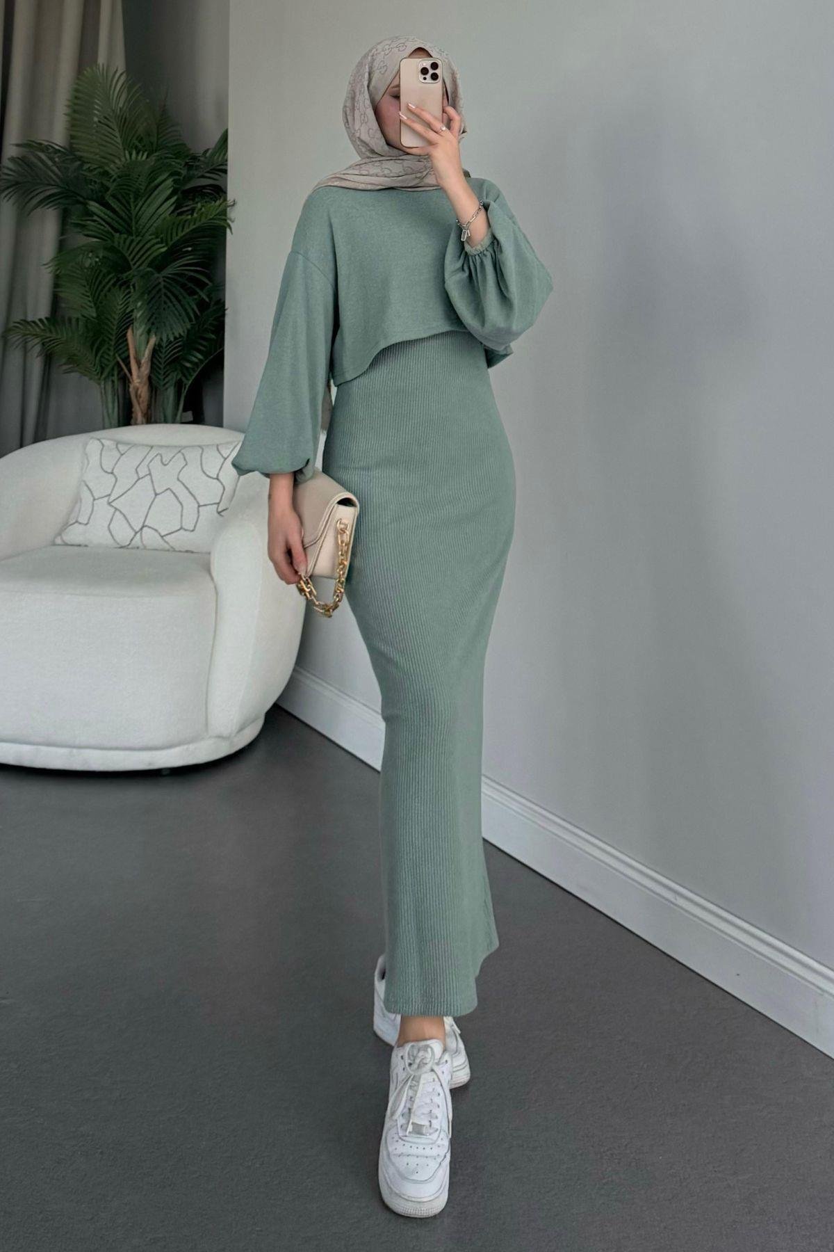 Velvet Triko Elbise Su Yeşili, Fiyatları 