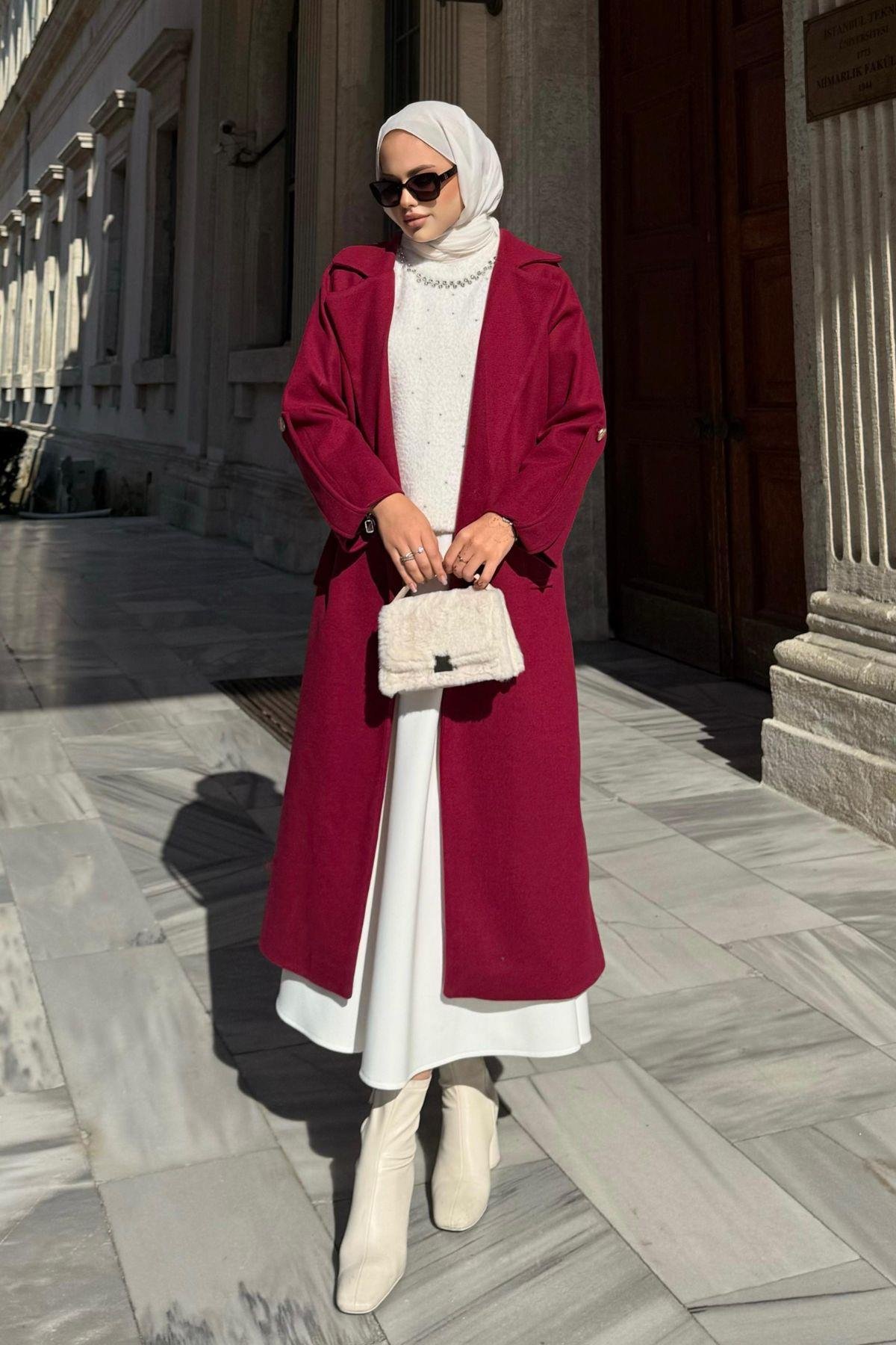 Vişhy Kaşe Kaban Bordo, Fiyatları Haza Moda | Tesettür Giyim | Vişhy Kaşe Kaban Bordo