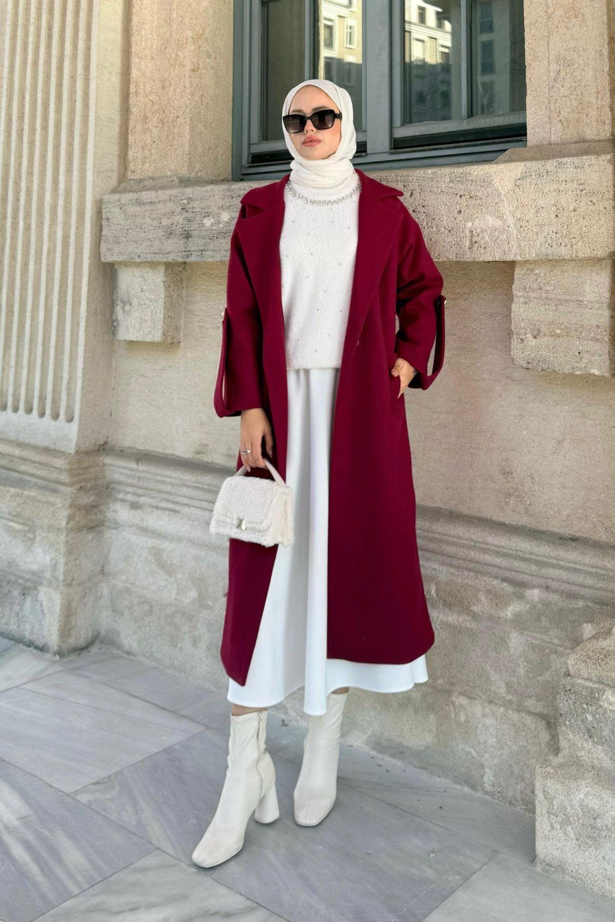 Vişhy Kaşe Kaban Bordo, Fiyatları Haza Moda | Tesettür Giyim | Vişhy Kaşe Kaban Bordo