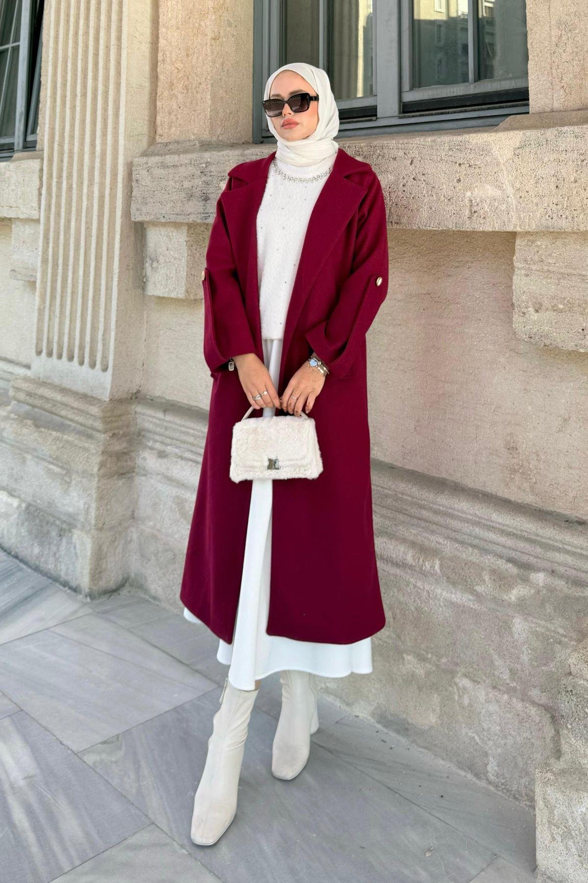 Vişhy Kaşe Kaban Bordo, Fiyatları Haza Moda | Tesettür Giyim | Vişhy Kaşe Kaban Bordo