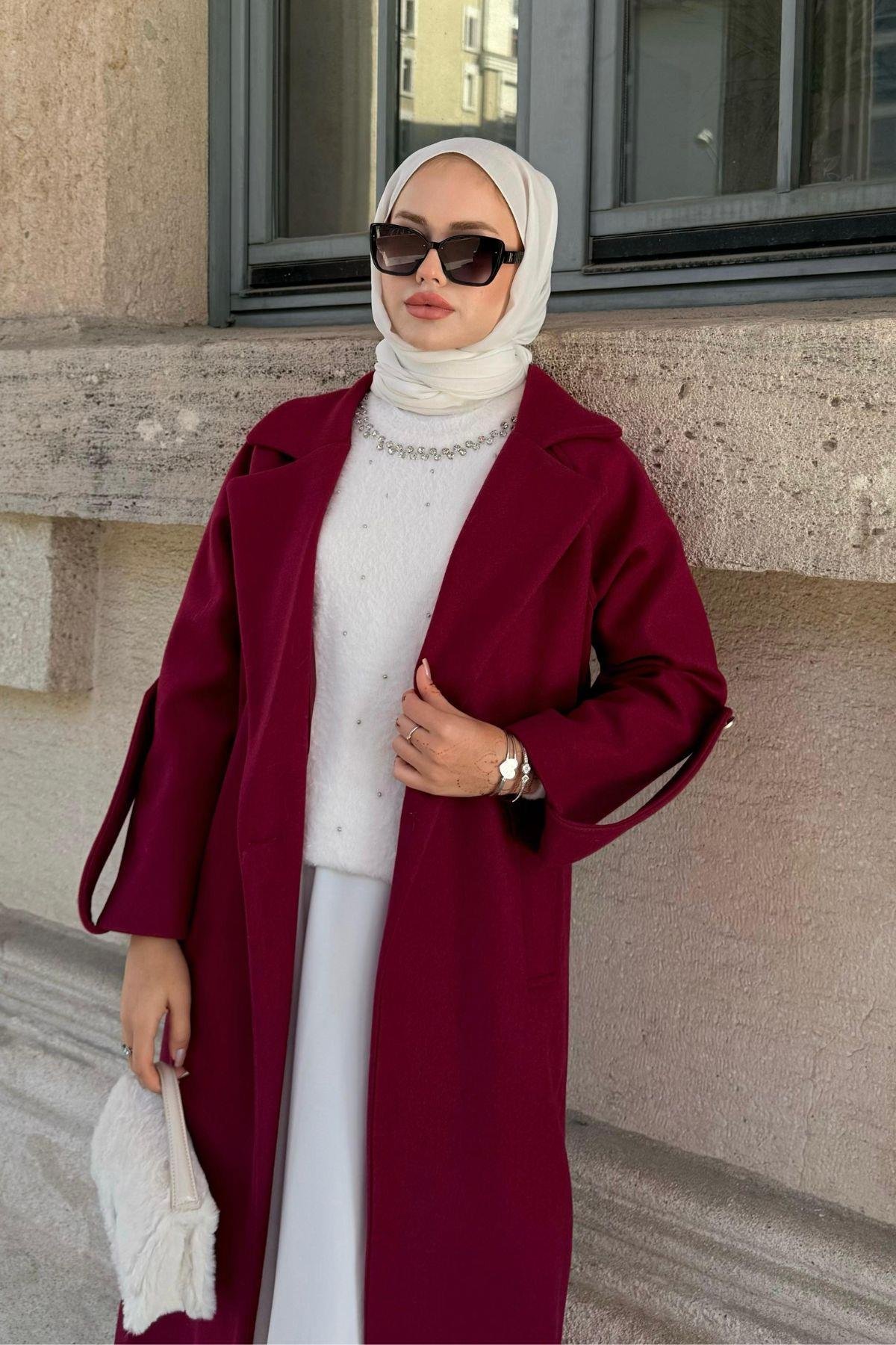 Vişhy Kaşe Kaban Bordo, Fiyatları Haza Moda | Tesettür Giyim | Vişhy Kaşe Kaban Bordo