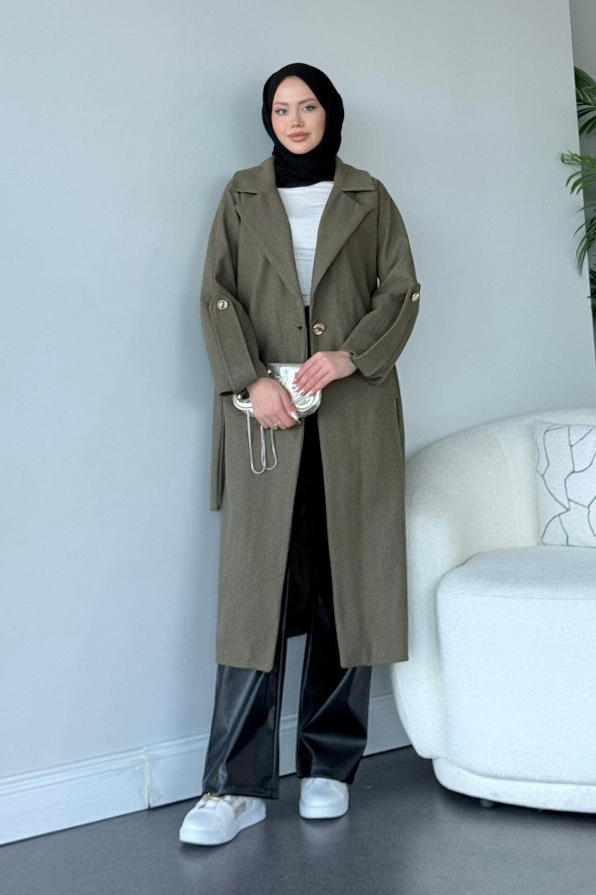 Vişhy Kaşe Kaban Haki, Fiyatları Haza Moda | Tesettür Giyim | Vişhy Kaşe Kaban Haki