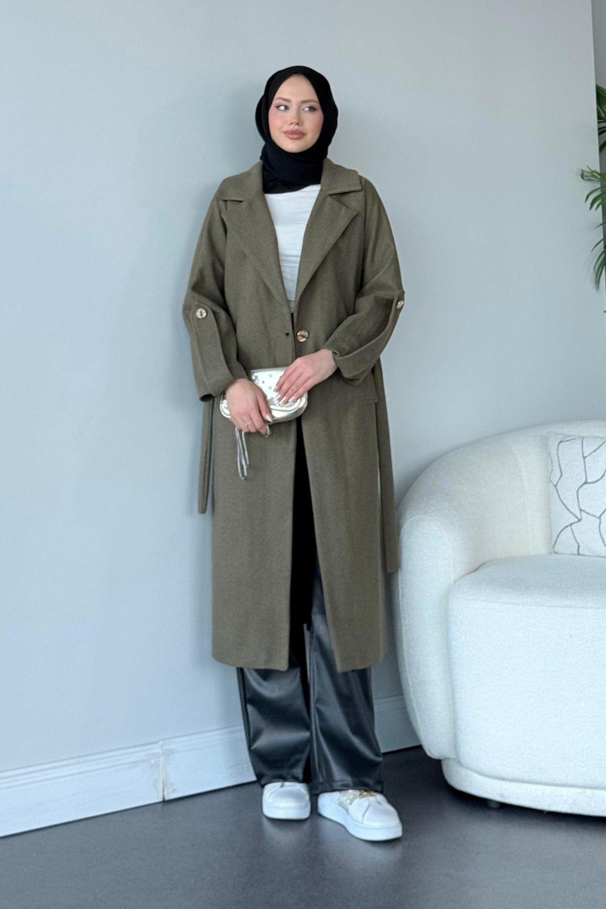 Vişhy Kaşe Kaban Haki, Fiyatları Haza Moda | Tesettür Giyim | Vişhy Kaşe Kaban Haki