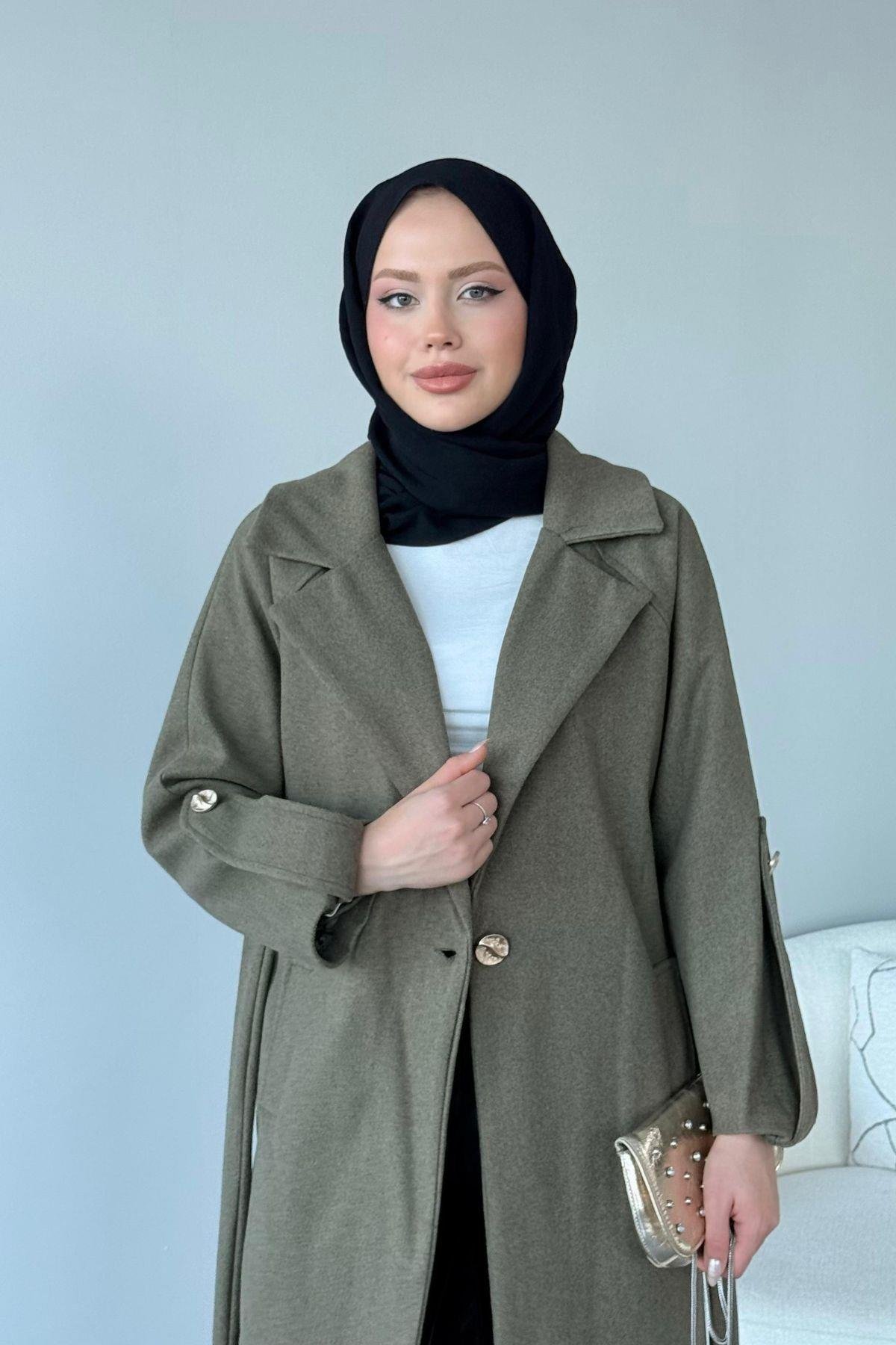 Vişhy Kaşe Kaban Haki, Fiyatları Haza Moda | Tesettür Giyim | Vişhy Kaşe Kaban Haki