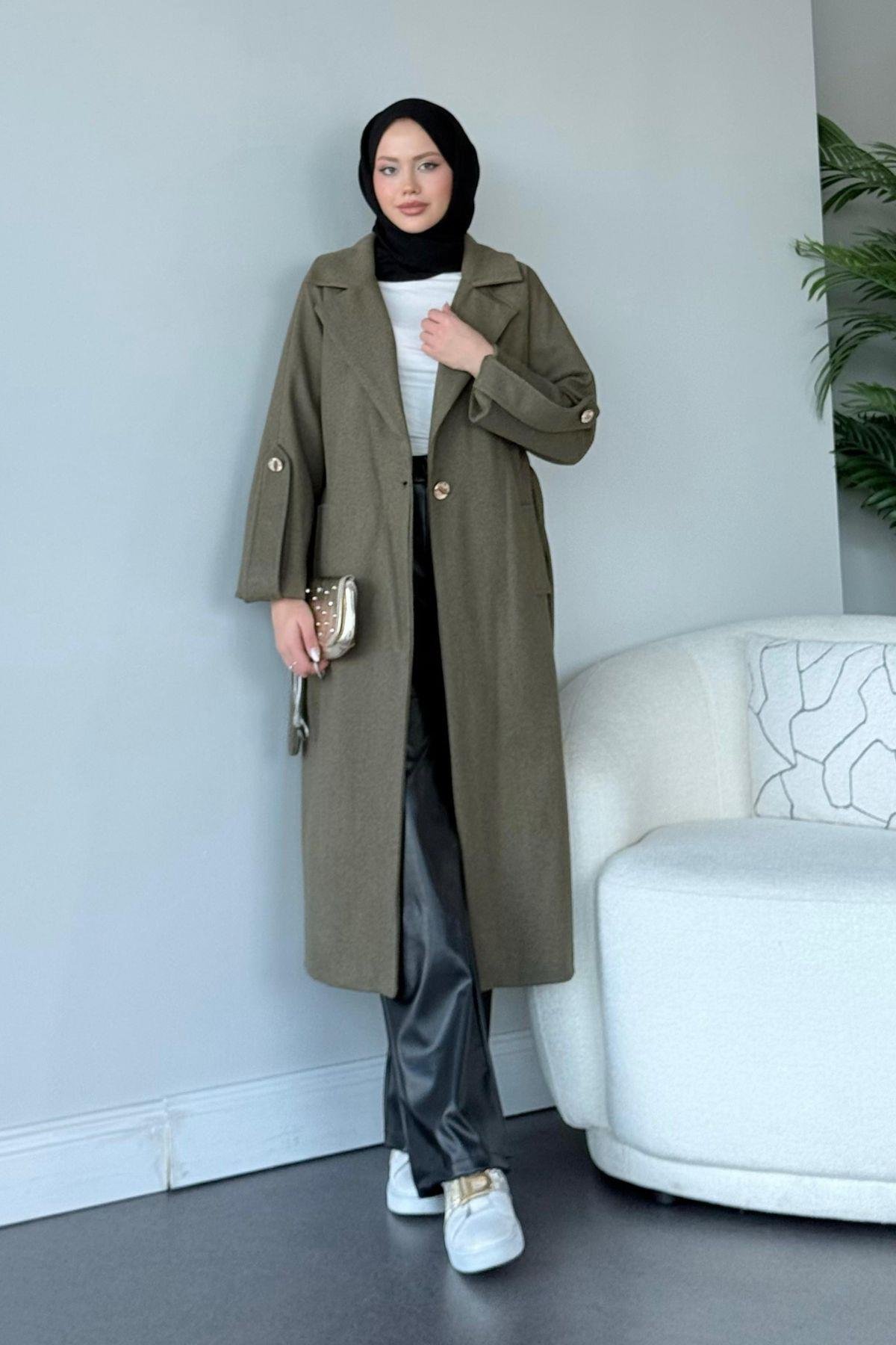 Vişhy Kaşe Kaban Haki, Fiyatları Haza Moda | Tesettür Giyim | Vişhy Kaşe Kaban Haki