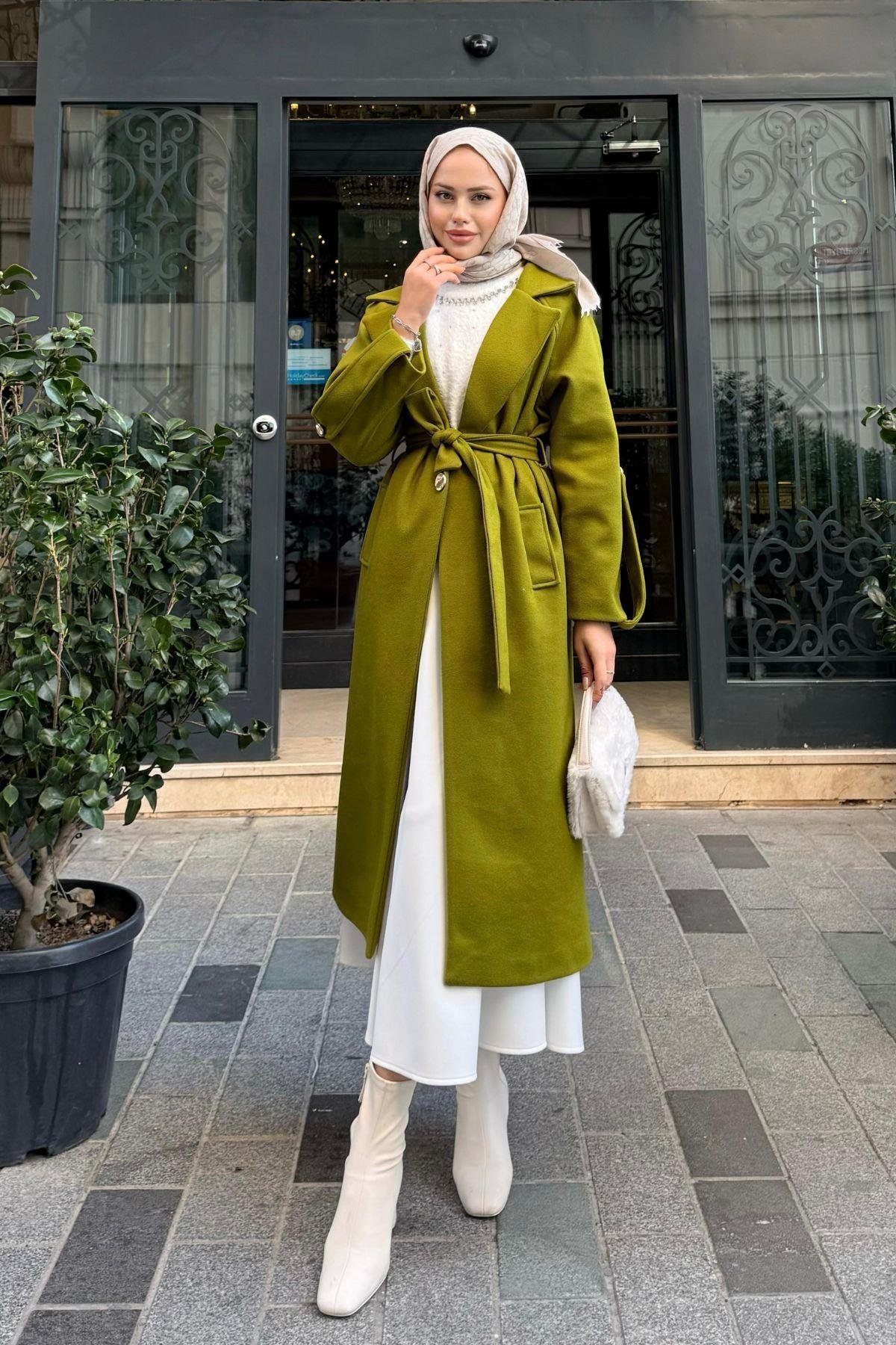 Vişhy Kaşe Kaban Yağyeşili, Fiyatları Haza Moda | Tesettür Giyim | Vişhy Kaşe Kaban Yağyeşili