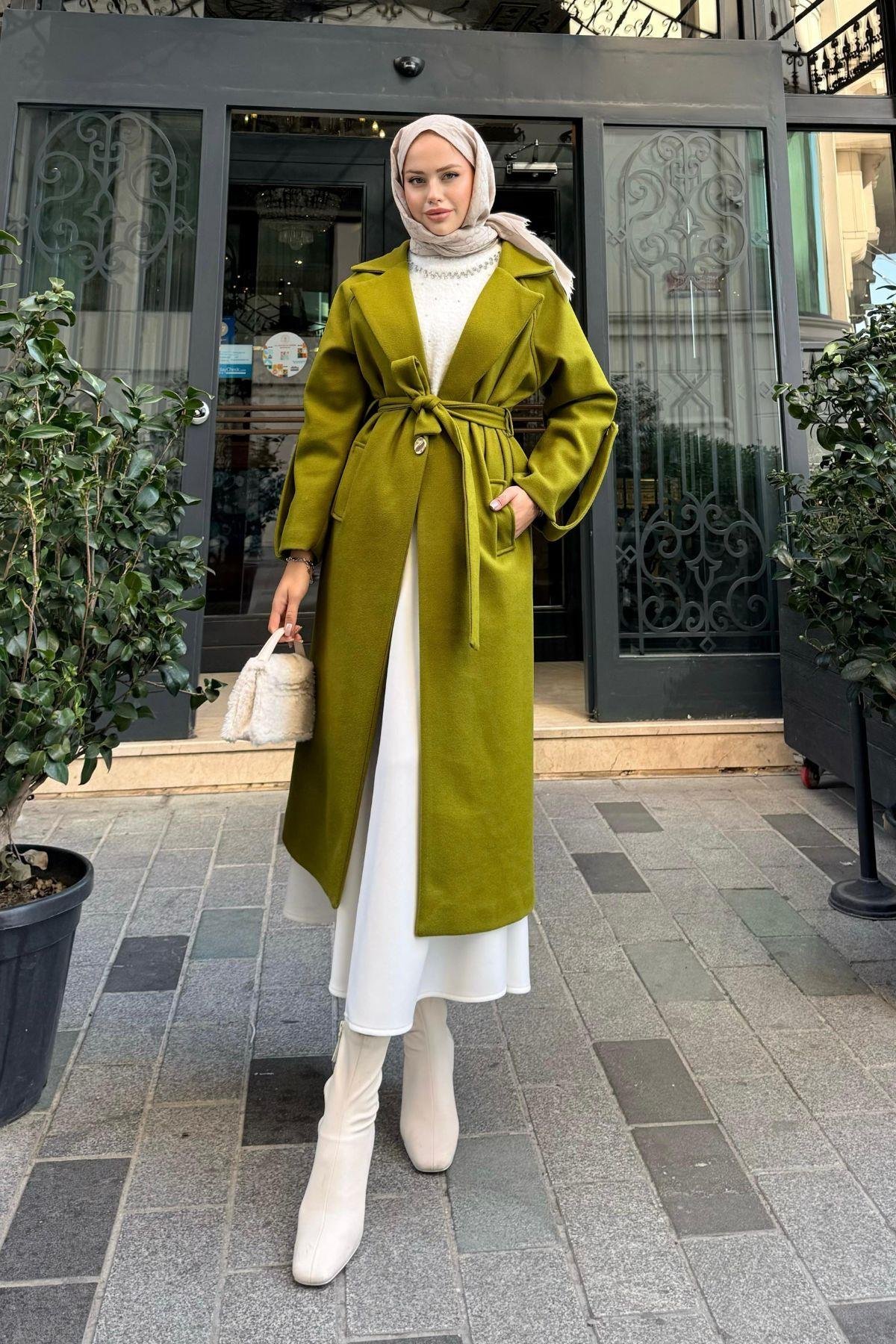 Vişhy Kaşe Kaban Yağyeşili, Fiyatları Haza Moda | Tesettür Giyim | Vişhy Kaşe Kaban Yağyeşili