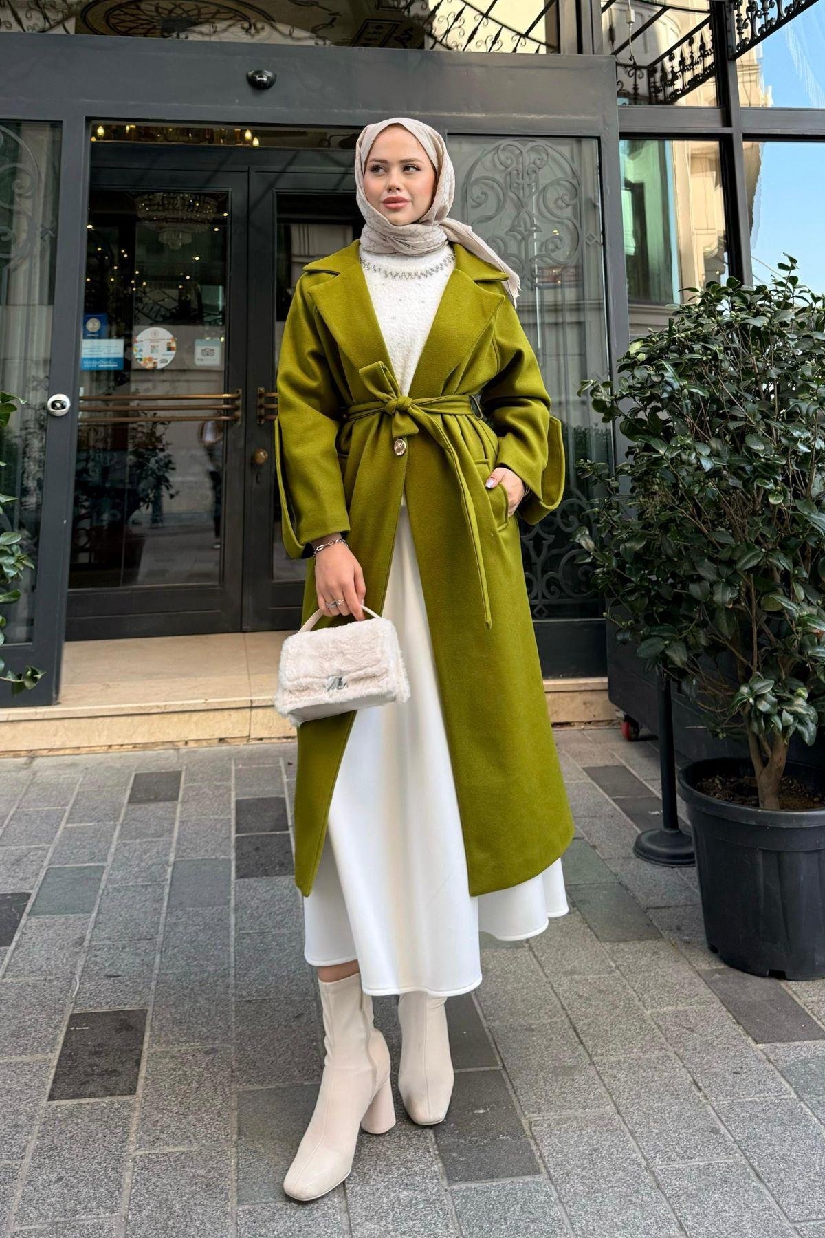 Vişhy Kaşe Kaban Yağyeşili, Fiyatları Haza Moda | Tesettür Giyim | Vişhy Kaşe Kaban Yağyeşili
