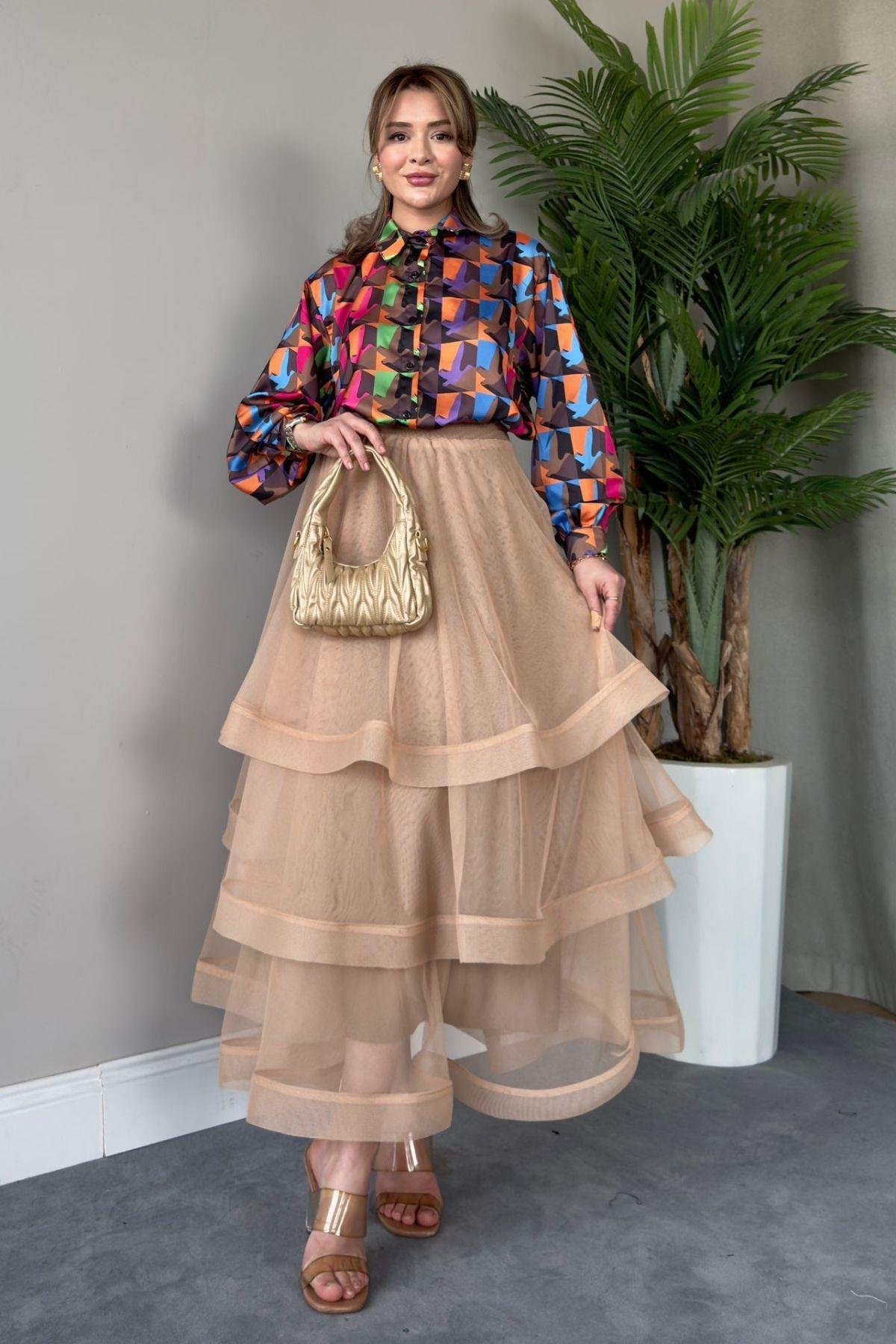 Volanlı Kat Kat Tül Etek Bej, Fiyatları 