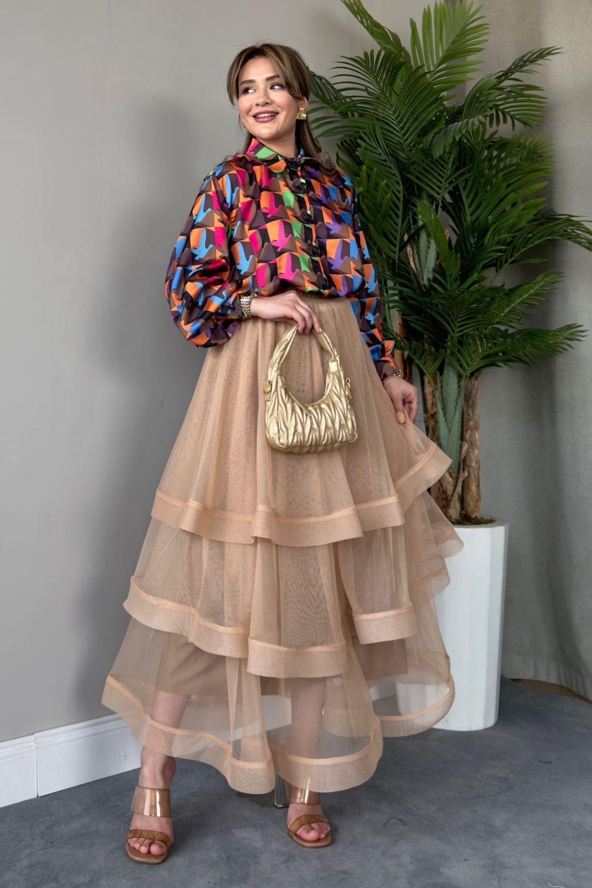 Volanlı Kat Kat Tül Etek Bej, Fiyatları 