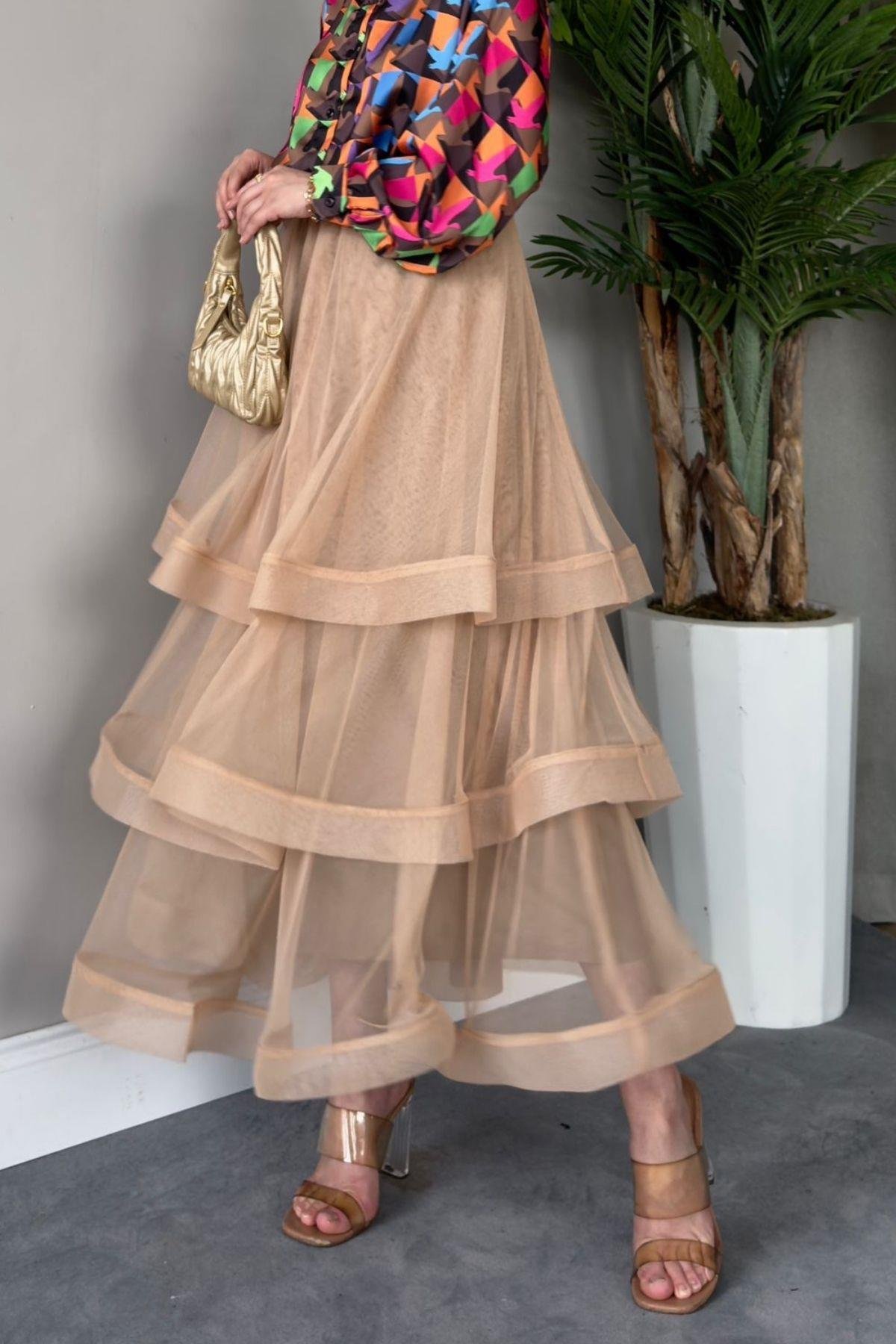 Volanlı Kat Kat Tül Etek Bej, Fiyatları 