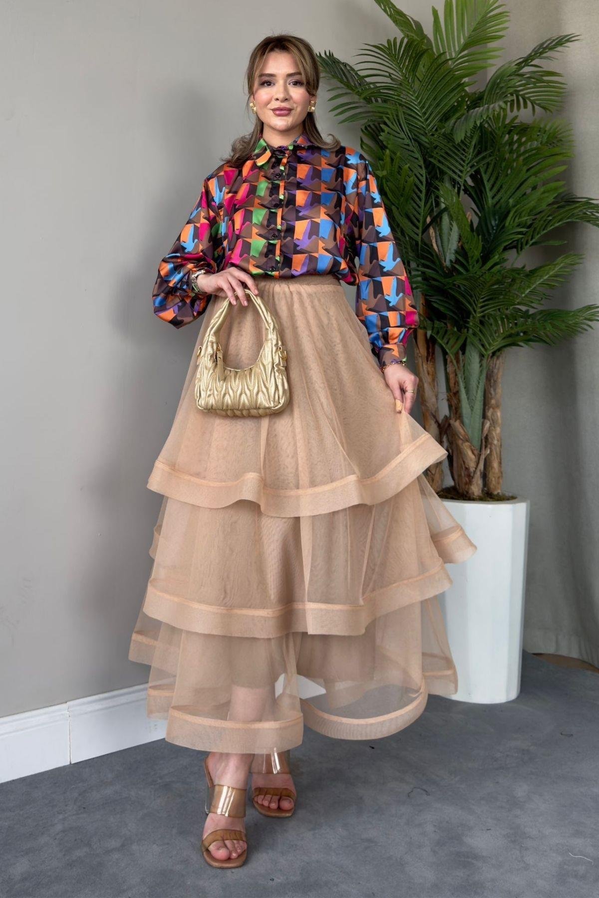 Volanlı Kat Kat Tül Etek Bej, Fiyatları 