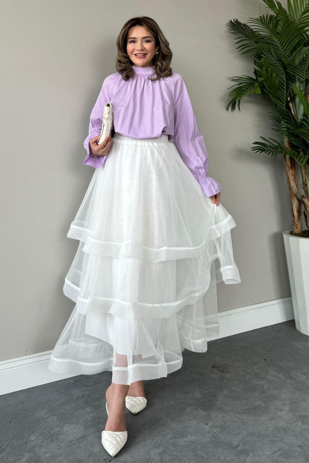 Volanlı Kat Kat Tül Etek Beyaz, Fiyatları 