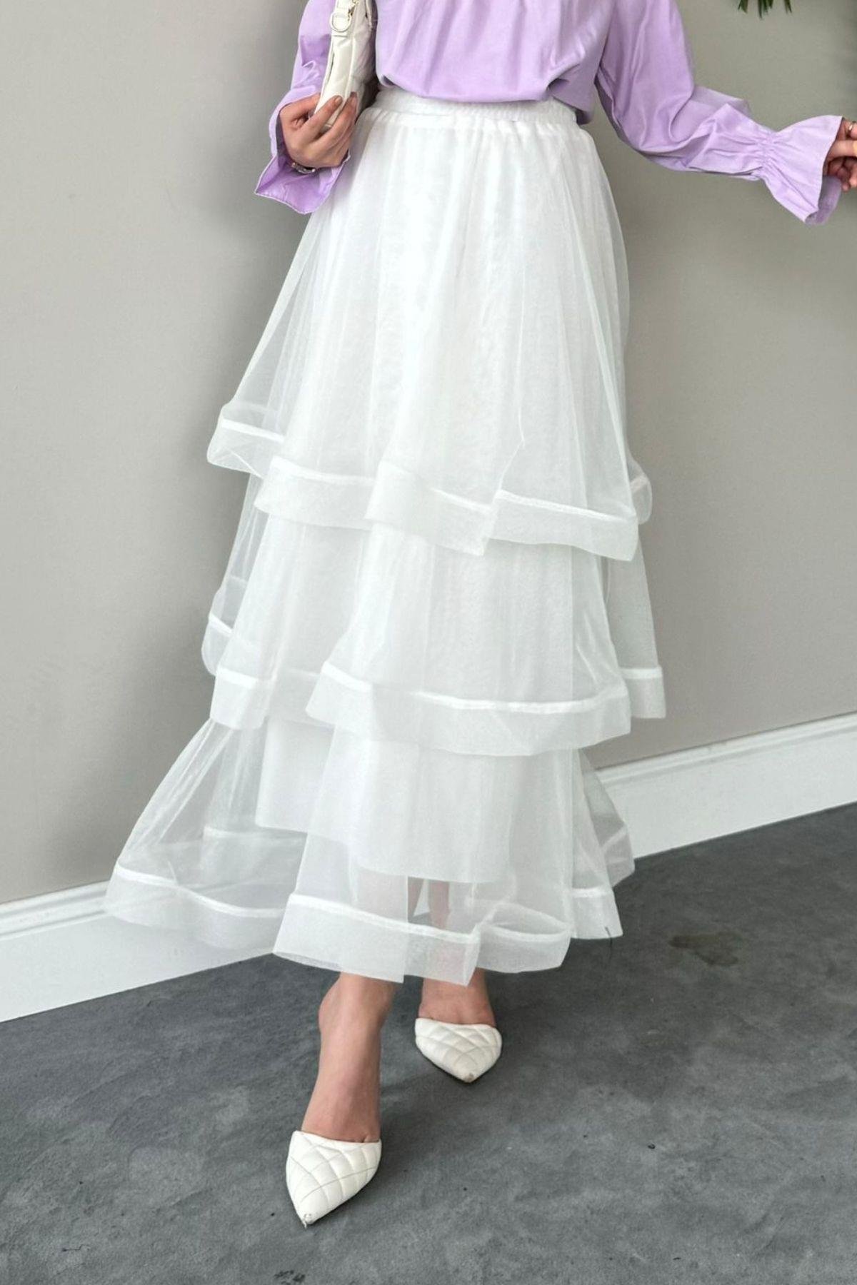 Volanlı Kat Kat Tül Etek Beyaz, Fiyatları 