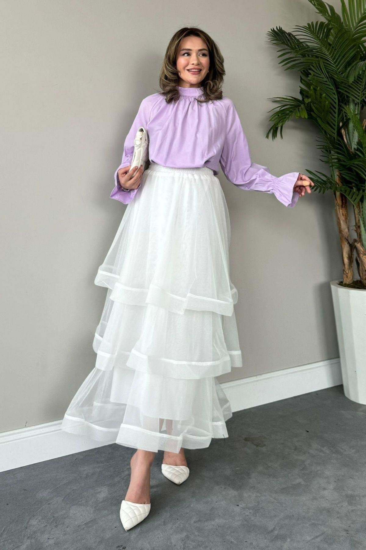 Volanlı Kat Kat Tül Etek Beyaz, Fiyatları 