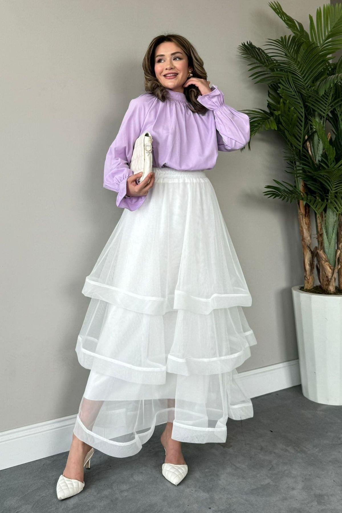 Volanlı Kat Kat Tül Etek Beyaz, Fiyatları 