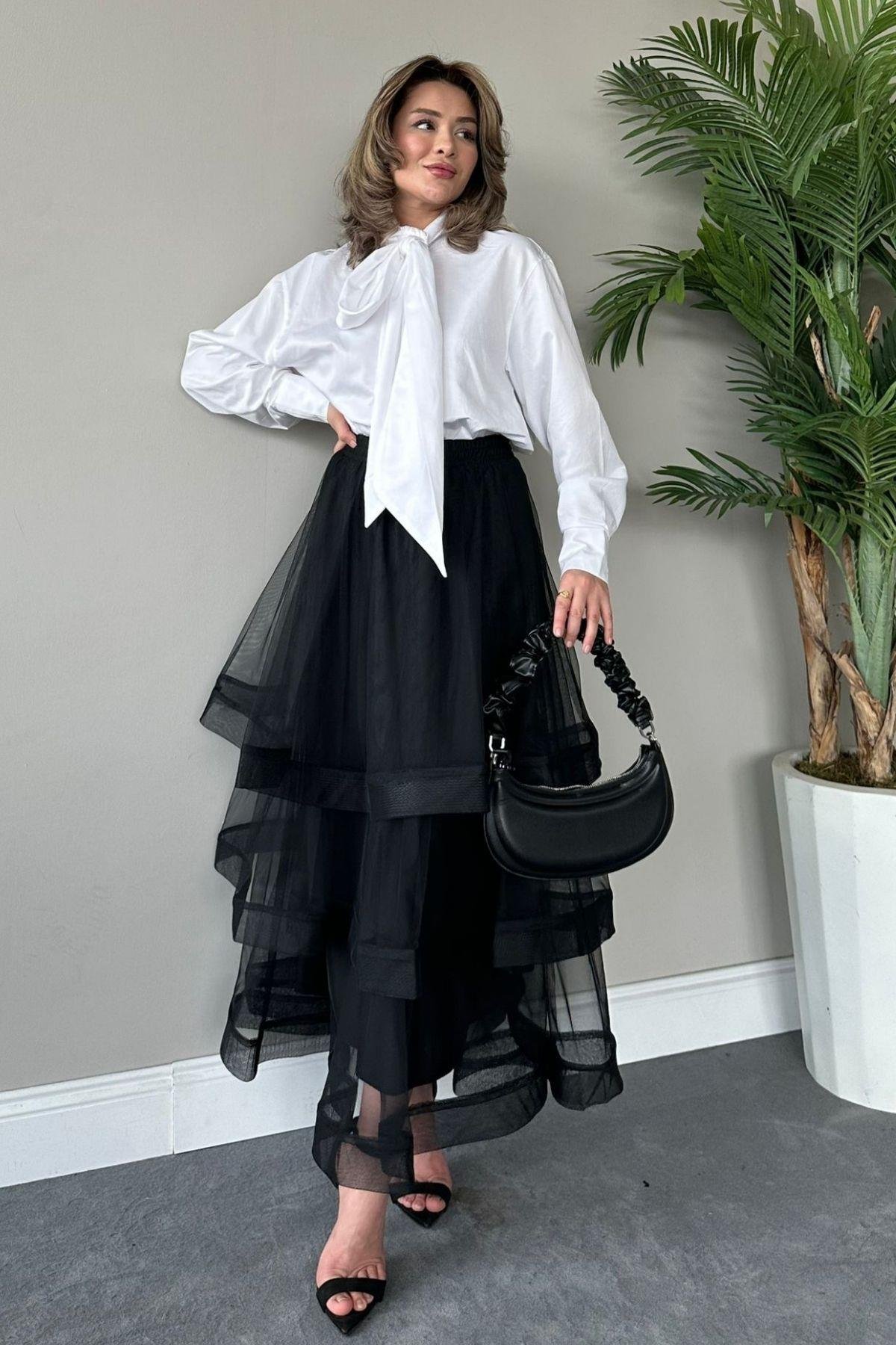 Volanlı Kat Kat Tül Etek Siyah, Fiyatları 