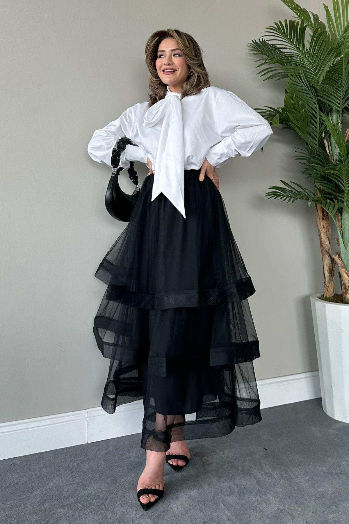 Volanlı Kat Kat Tül Etek Siyah, Fiyatları 